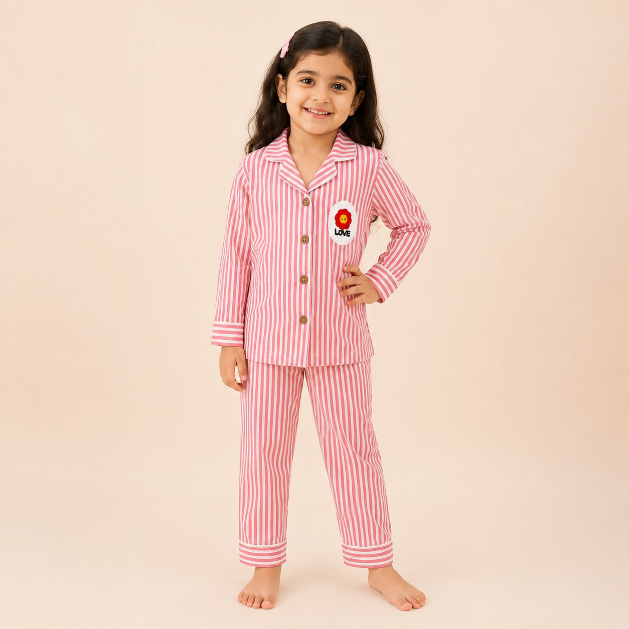 Kids Pure Cotton Night Suit | Red Vertical Stripe Full Sleeve Shirt & Pyjama Set with Flower Patch