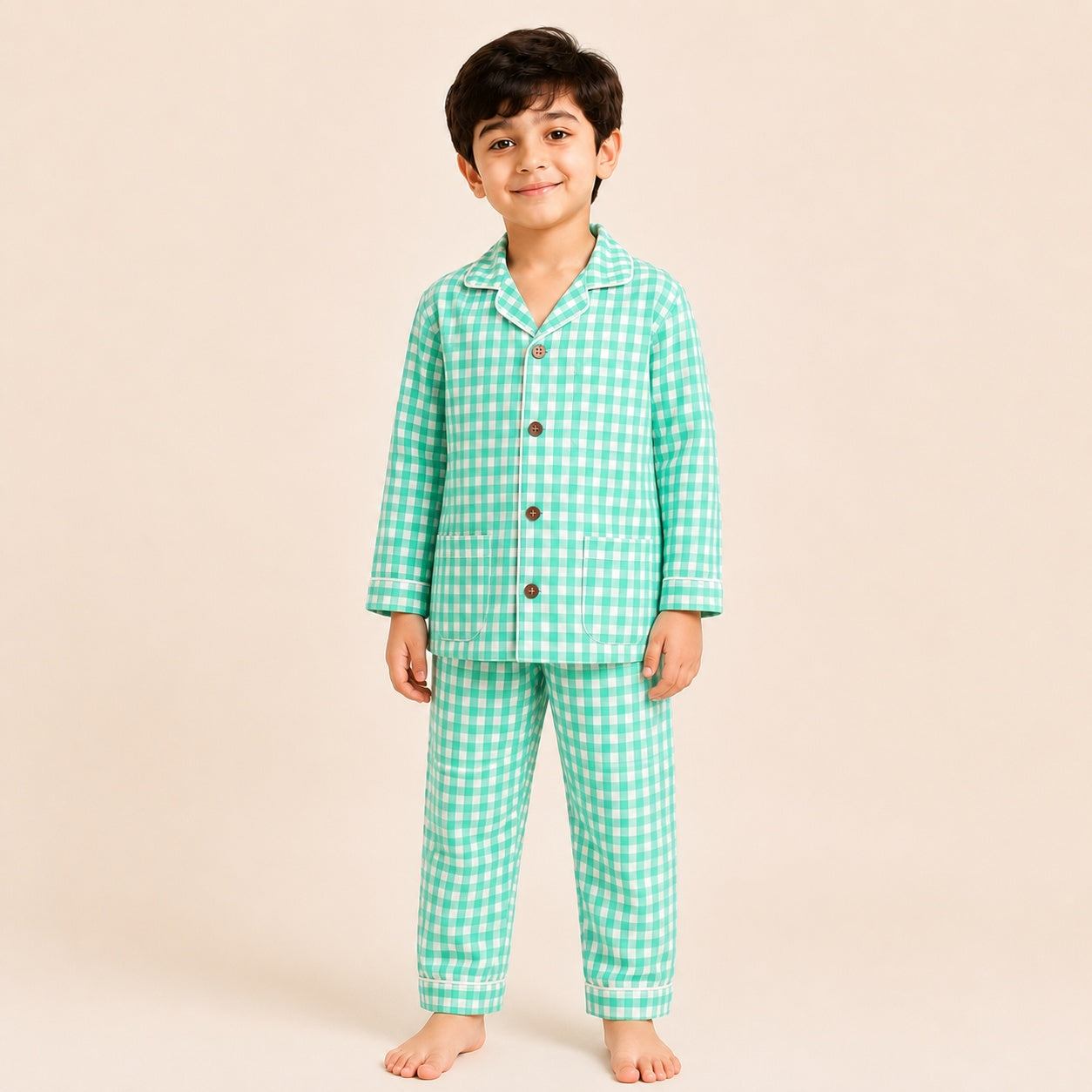 Kids Pure Cotton Night Suit | Green Gingham Checks Full Sleeve Shirt & Pyjama Set