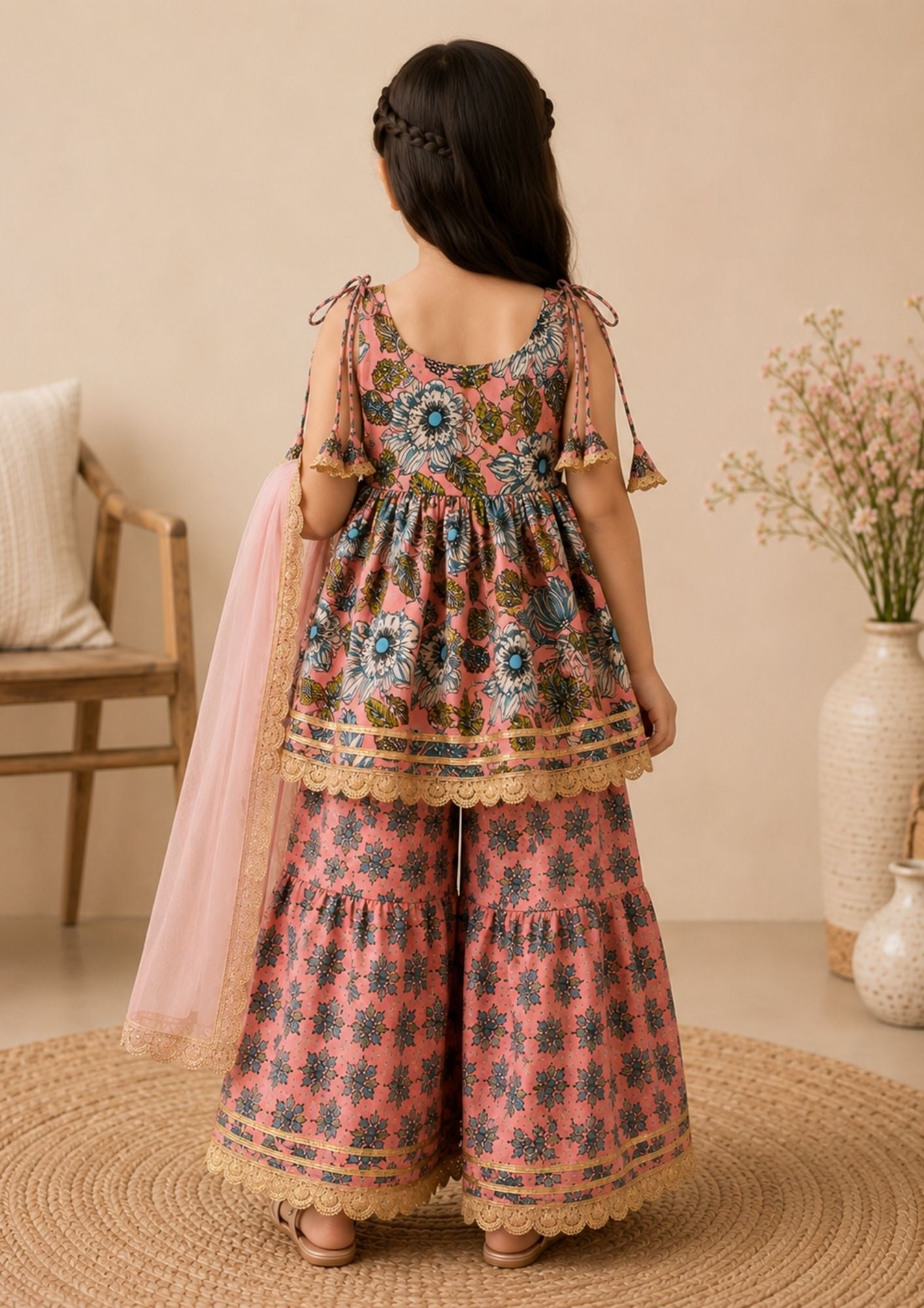 Girls Floral Printed Cotton Kurti Sharara Set with Net Dupatta | Sleeveless Ethnic Wear | Pink