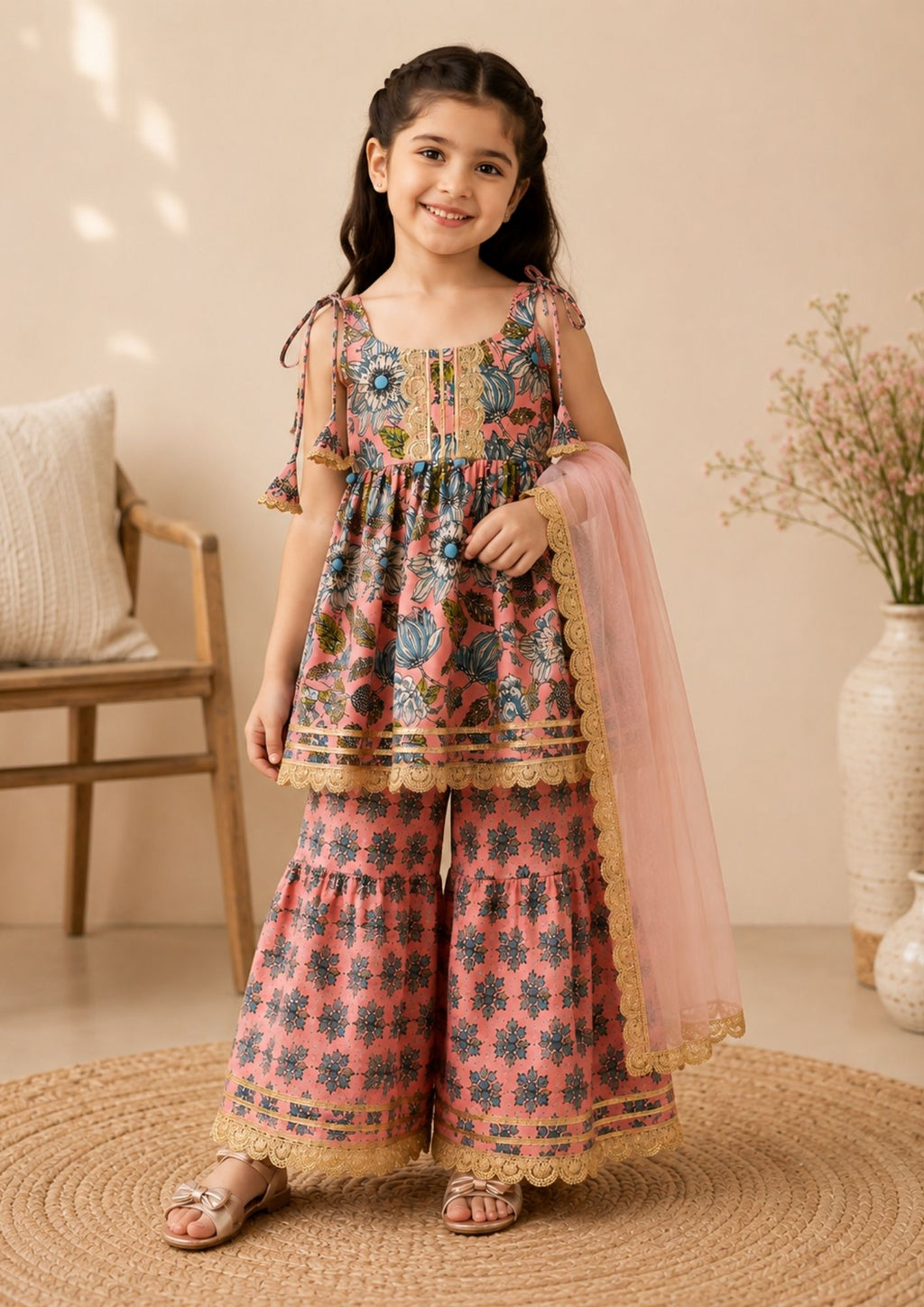 Tippy Top Girls Floral Printed Cotton Sleeveless Kurti Front View