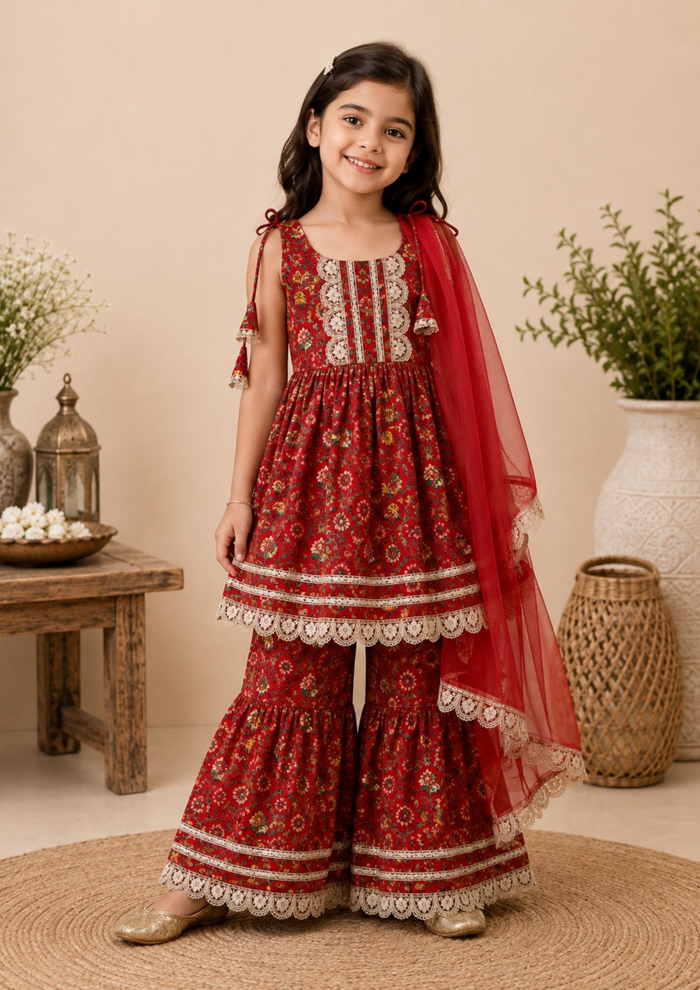 Girls Floral Printed Cotton Kurti Sharara Set with Net Dupatta | Sleeveless Festive Ethnic Wear | Red