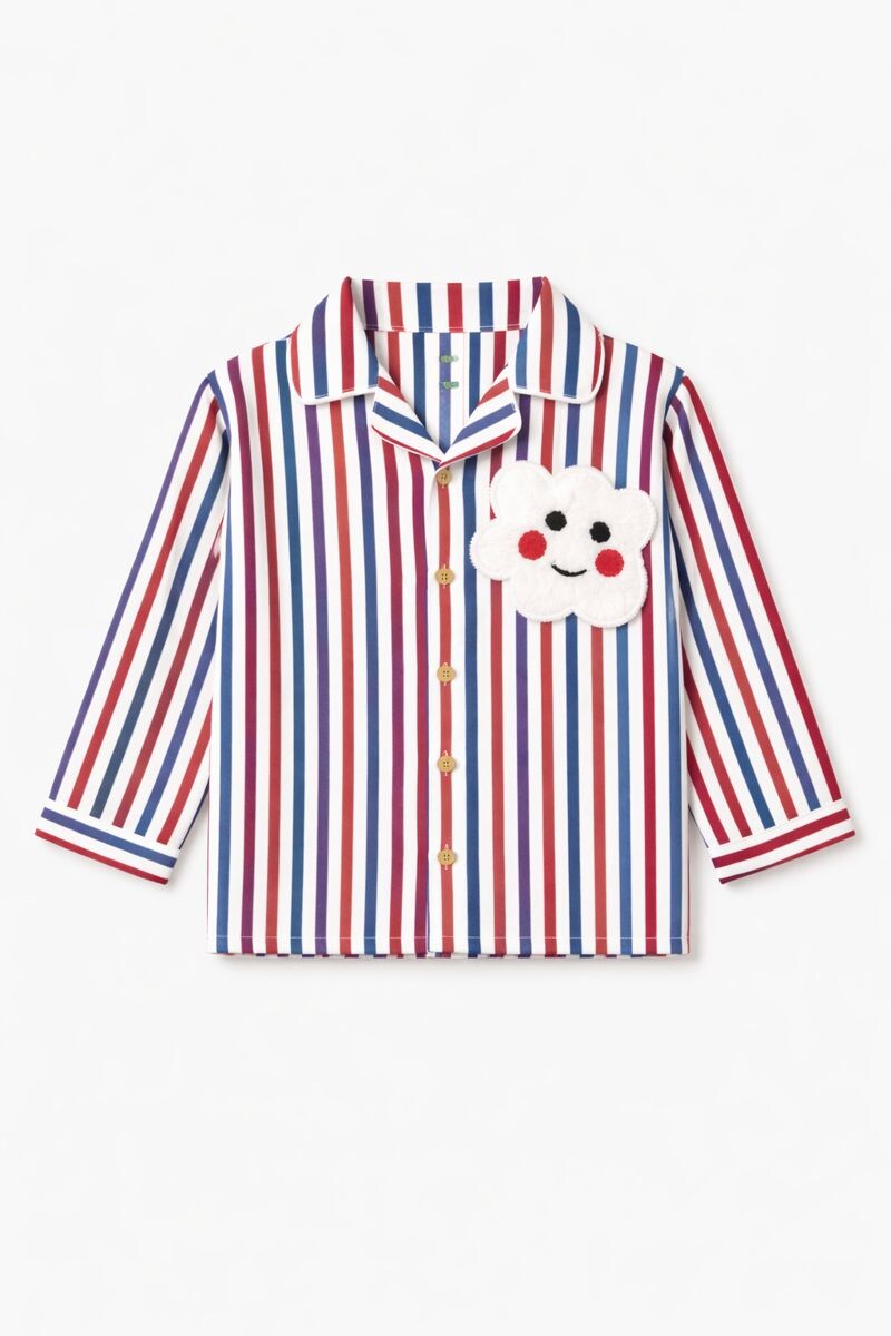 Cotton Striped Night Suit with Front Open Shirt & Cute Patch - Multi Color