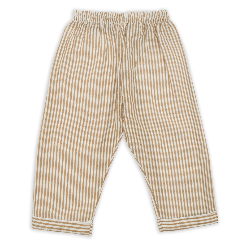 Beige Cotton Striped Teddy Patch Nightsuit Set