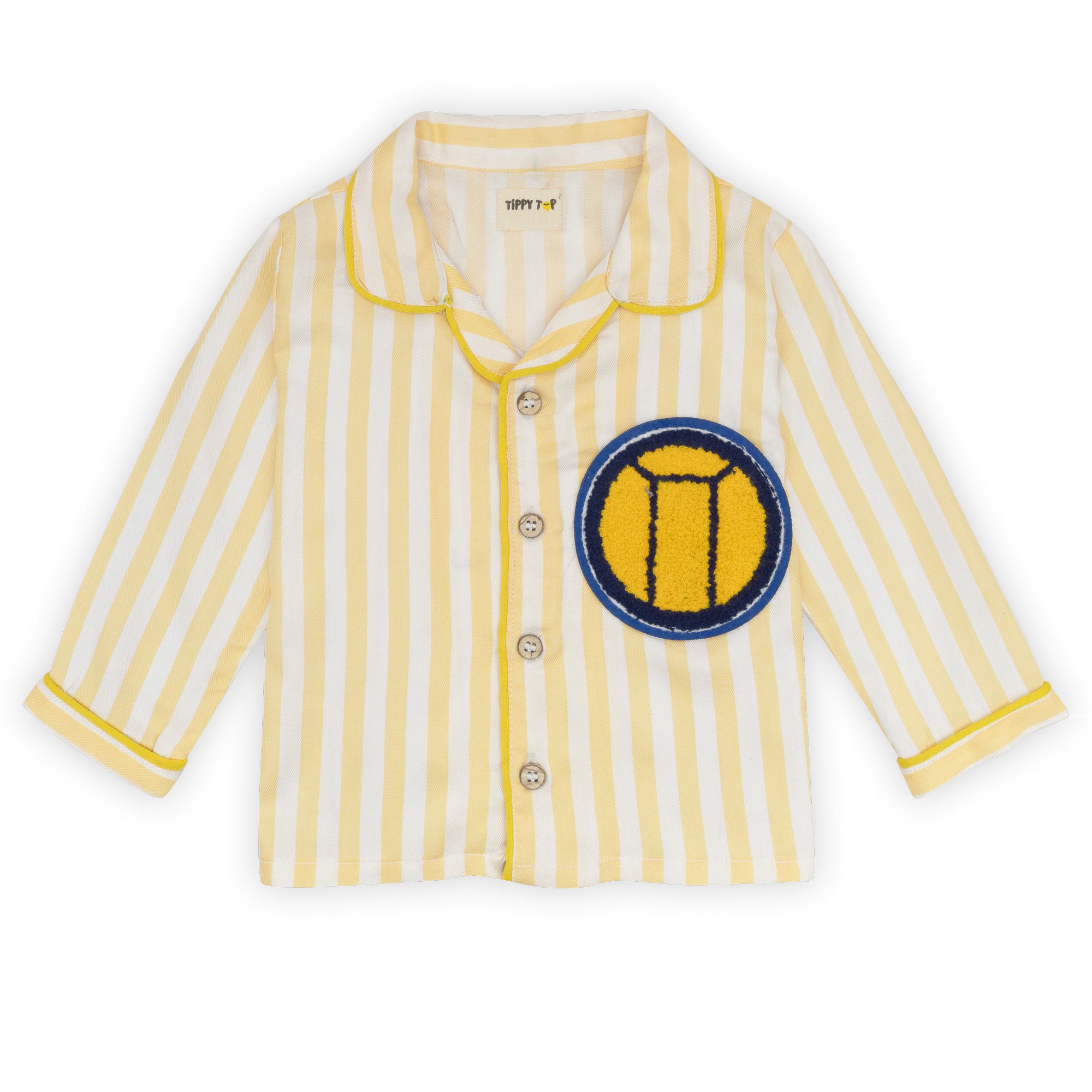 Yellow and white striped shirt with a blue and yellow emblem on a white background