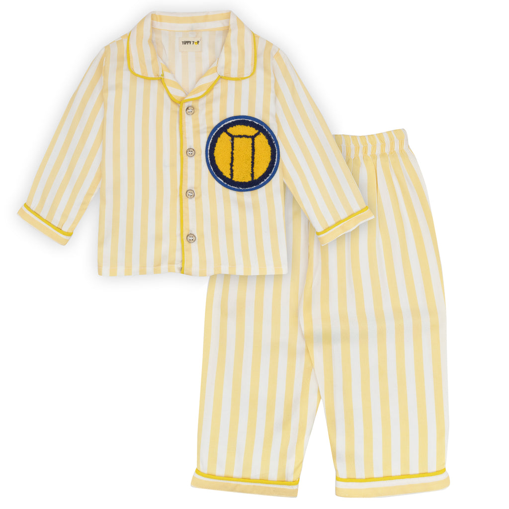 Yellow and white striped pajama set with a blue and yellow logo on a white background
