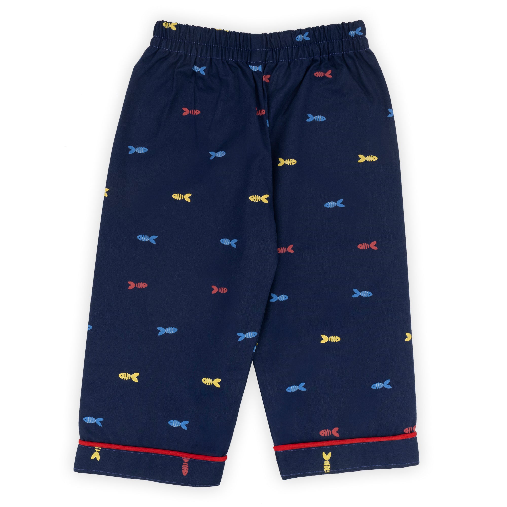 Navy blue children's pajama pants with colorful fish pattern on a white background