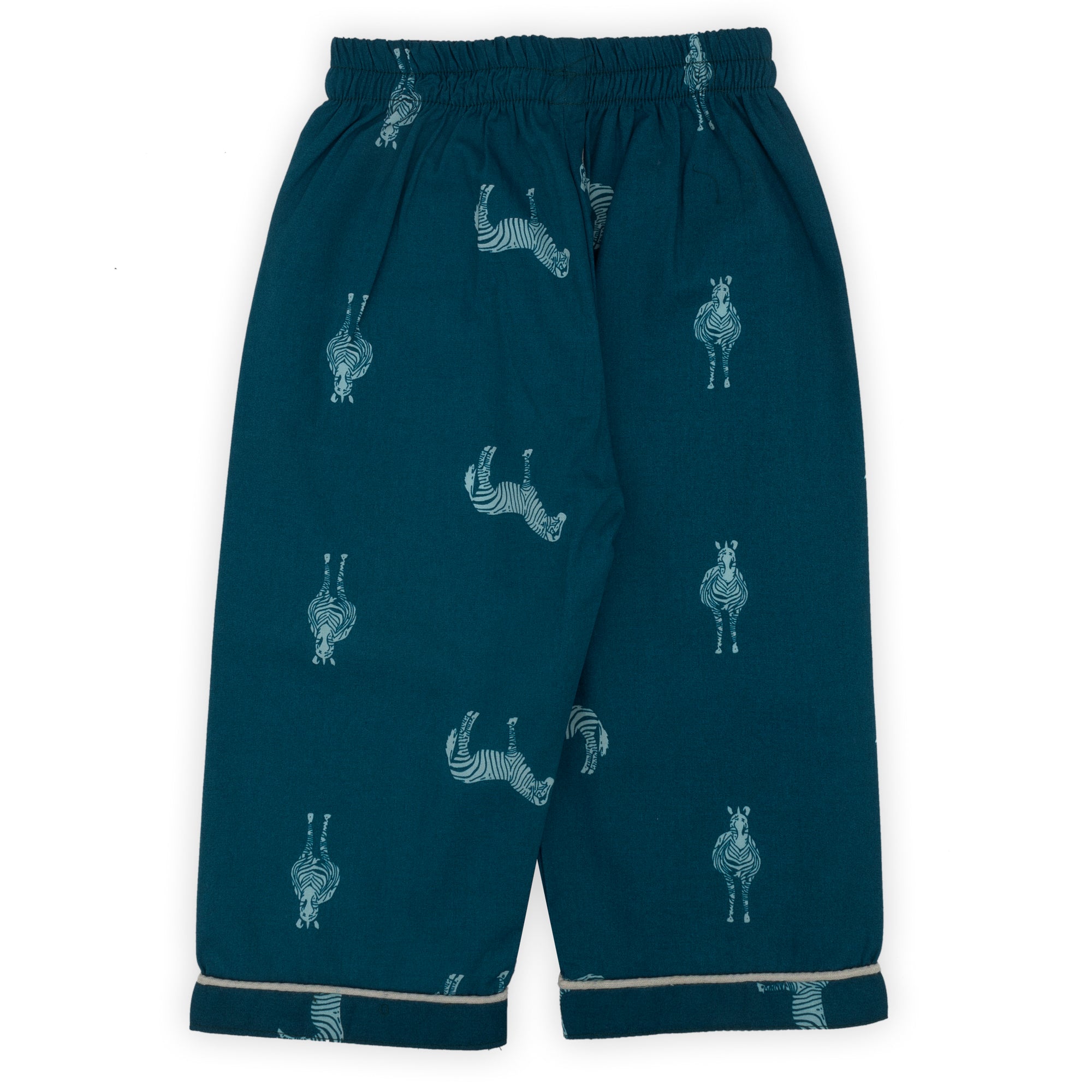 Navy blue pants with zebra pattern on a white background