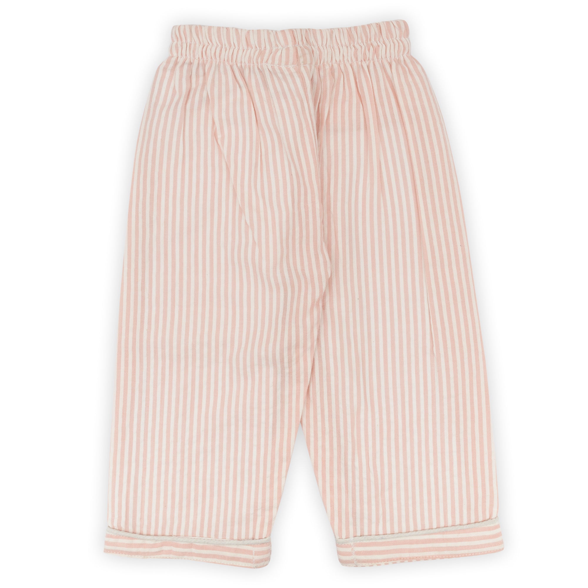 Pink and white striped pants on a white background