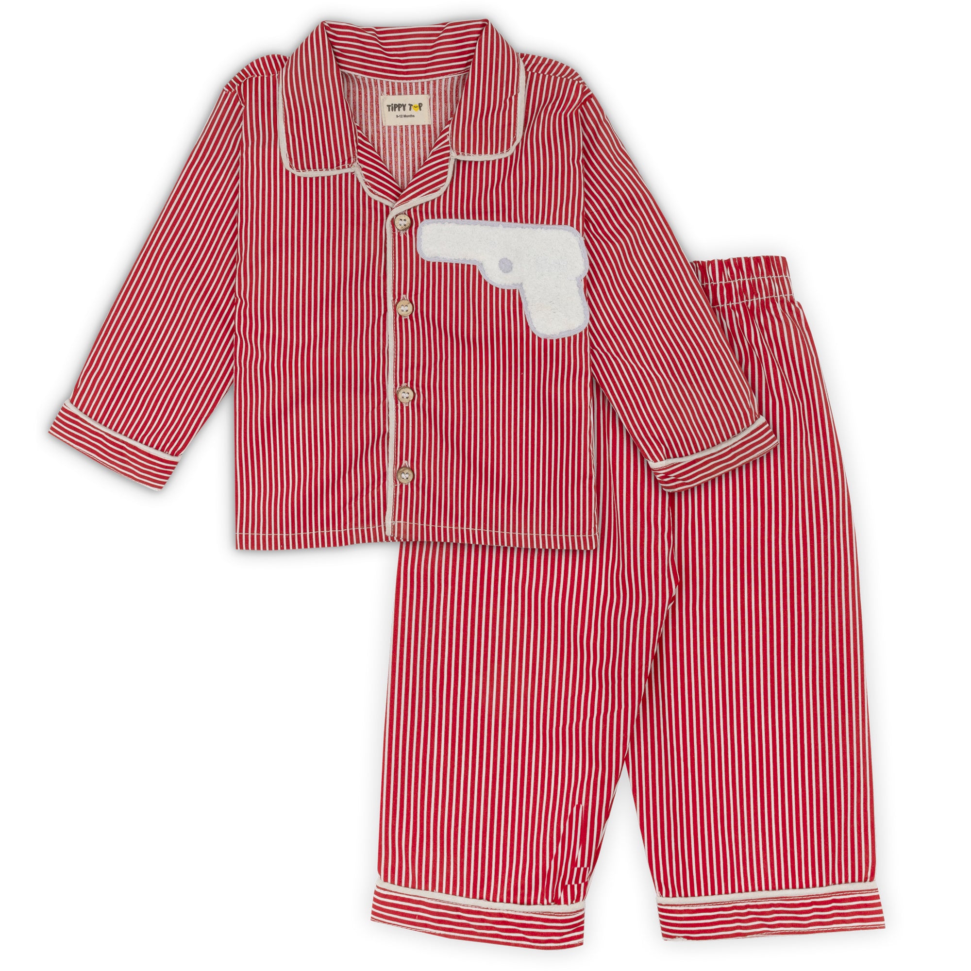 Red and white striped pajama set with a gun design on a white background