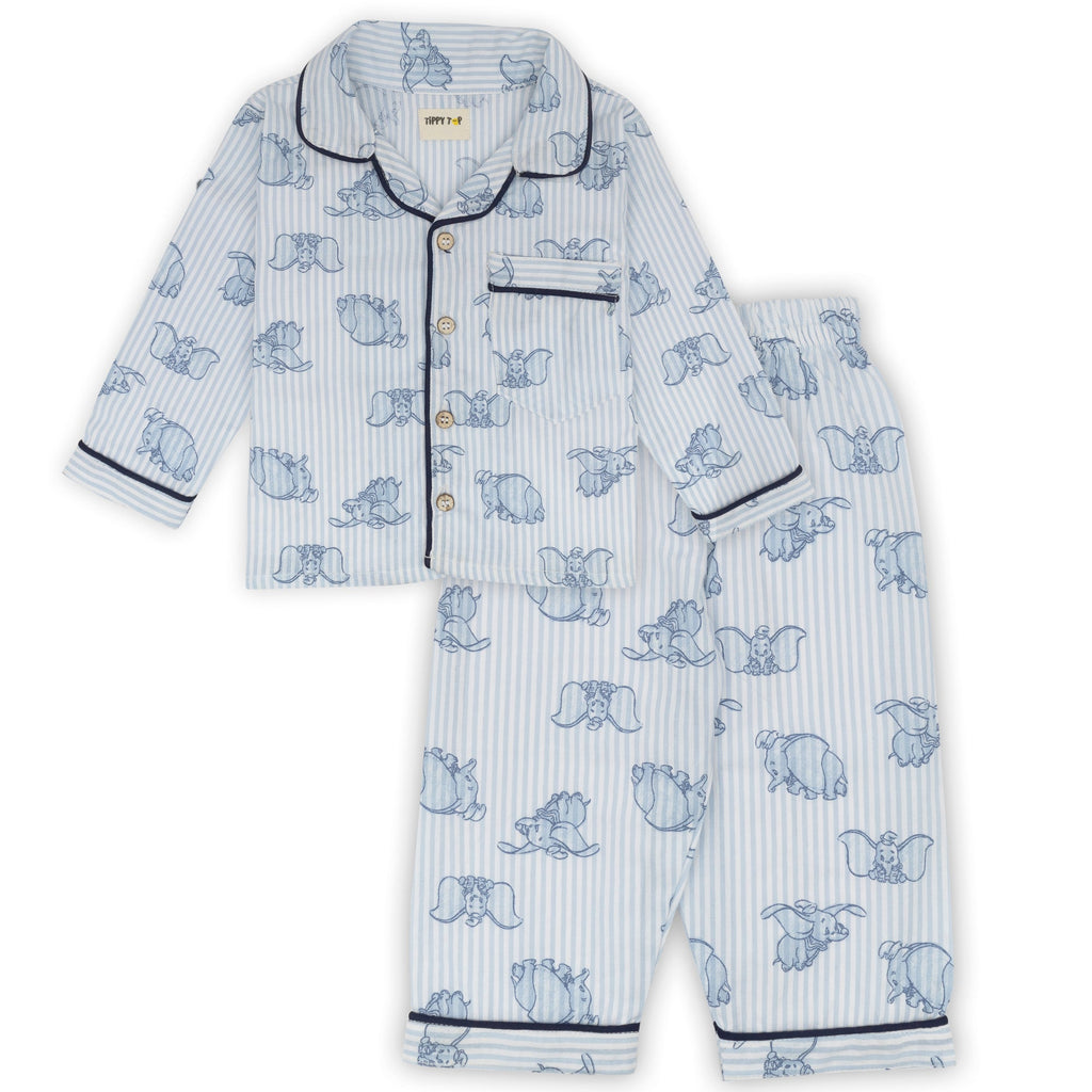 Children's pajama set with blue animal pattern on a white background