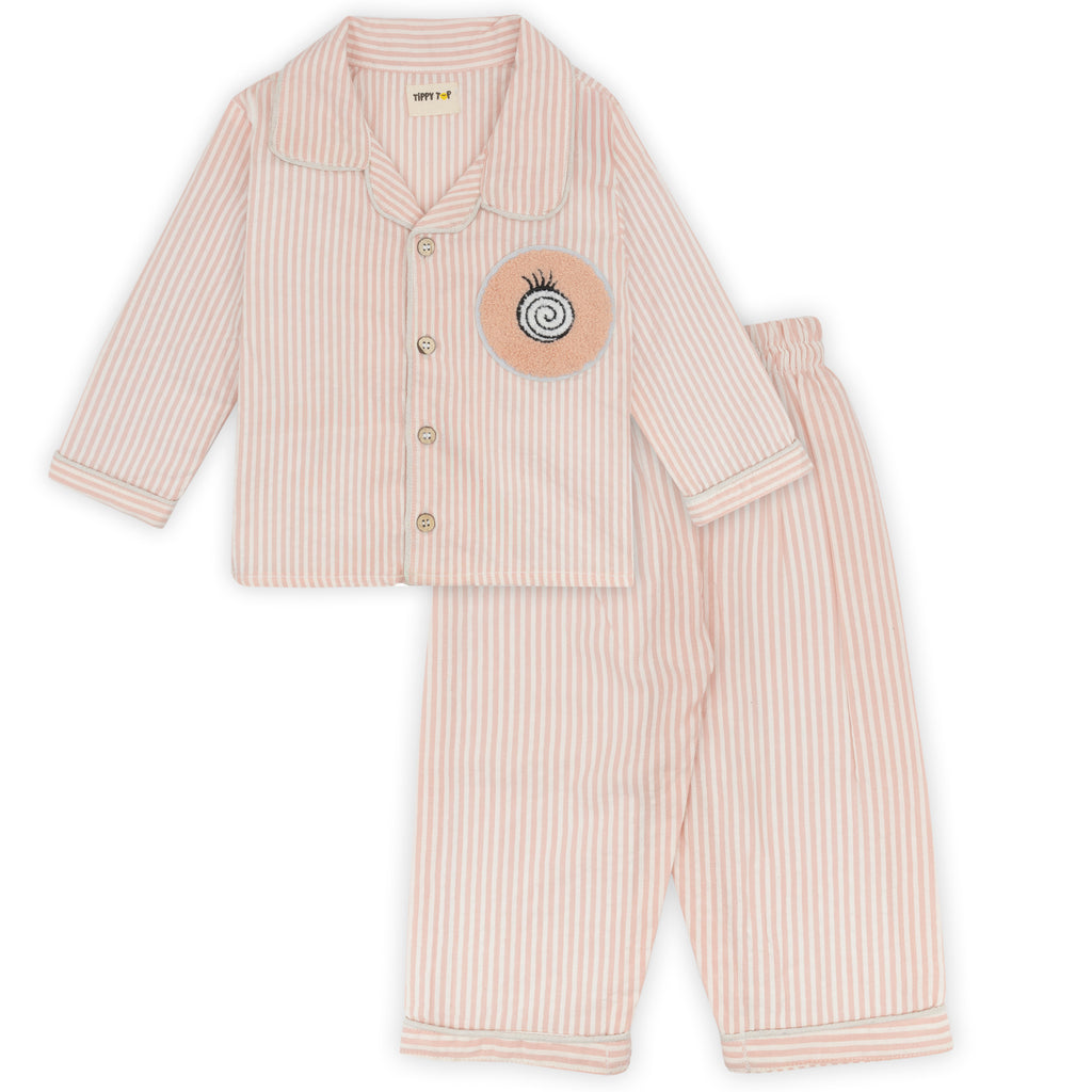 Beige striped pajama set with a circular patch on a white background