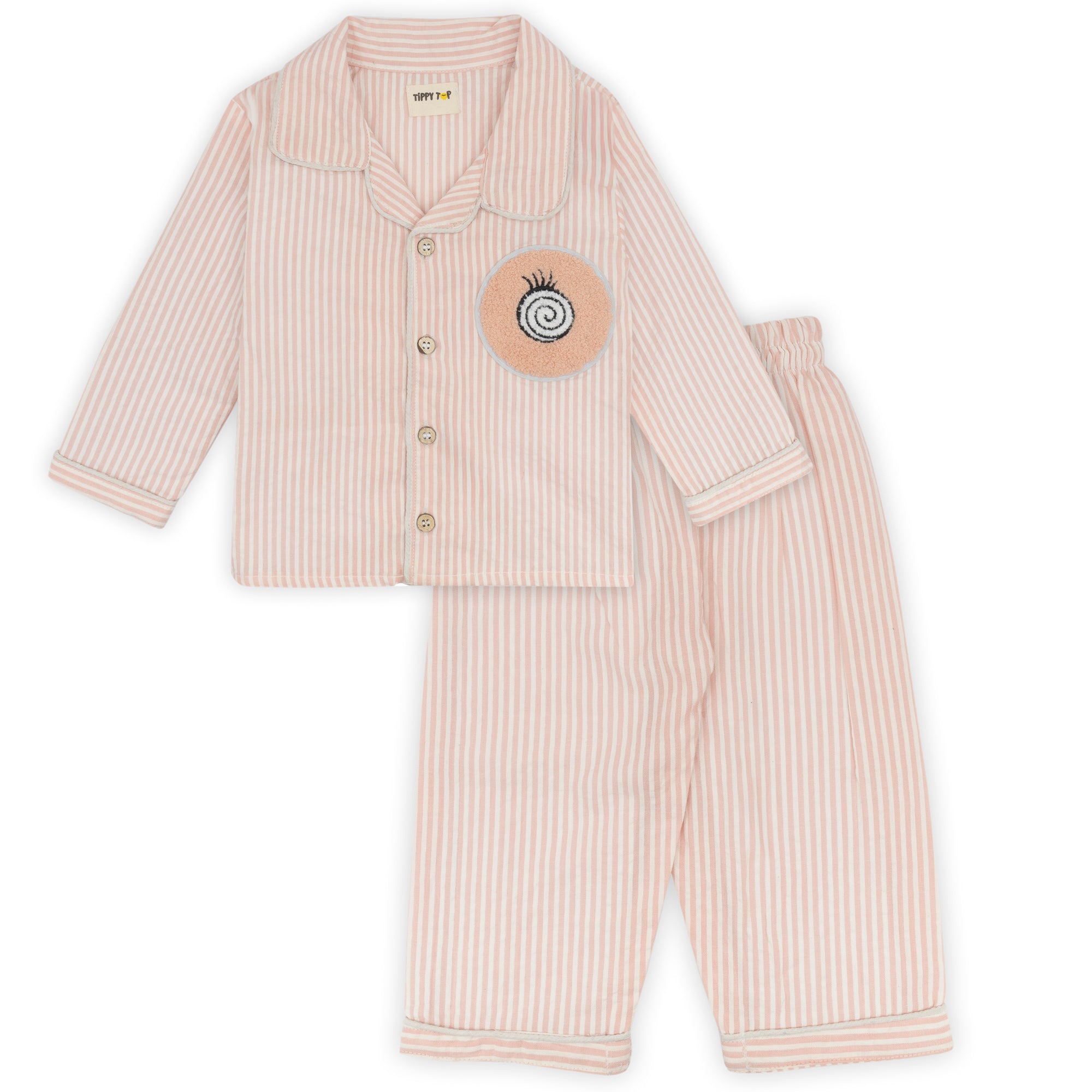 Beige striped pajama set with a circular patch on a white background