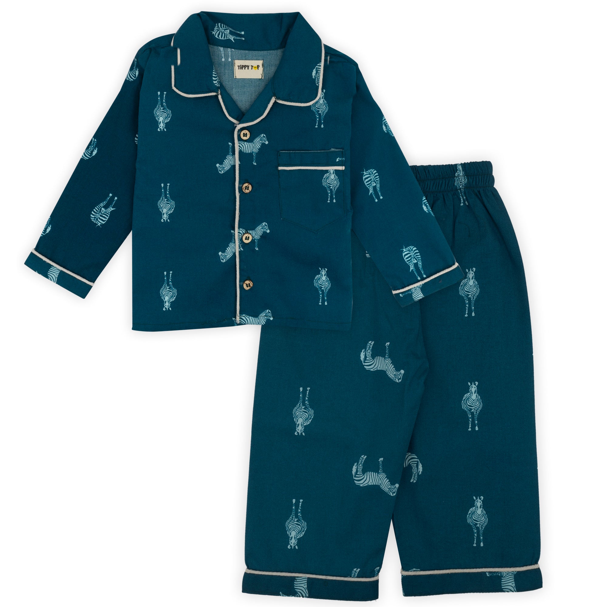 Children's pajama set with zebra pattern on a white background