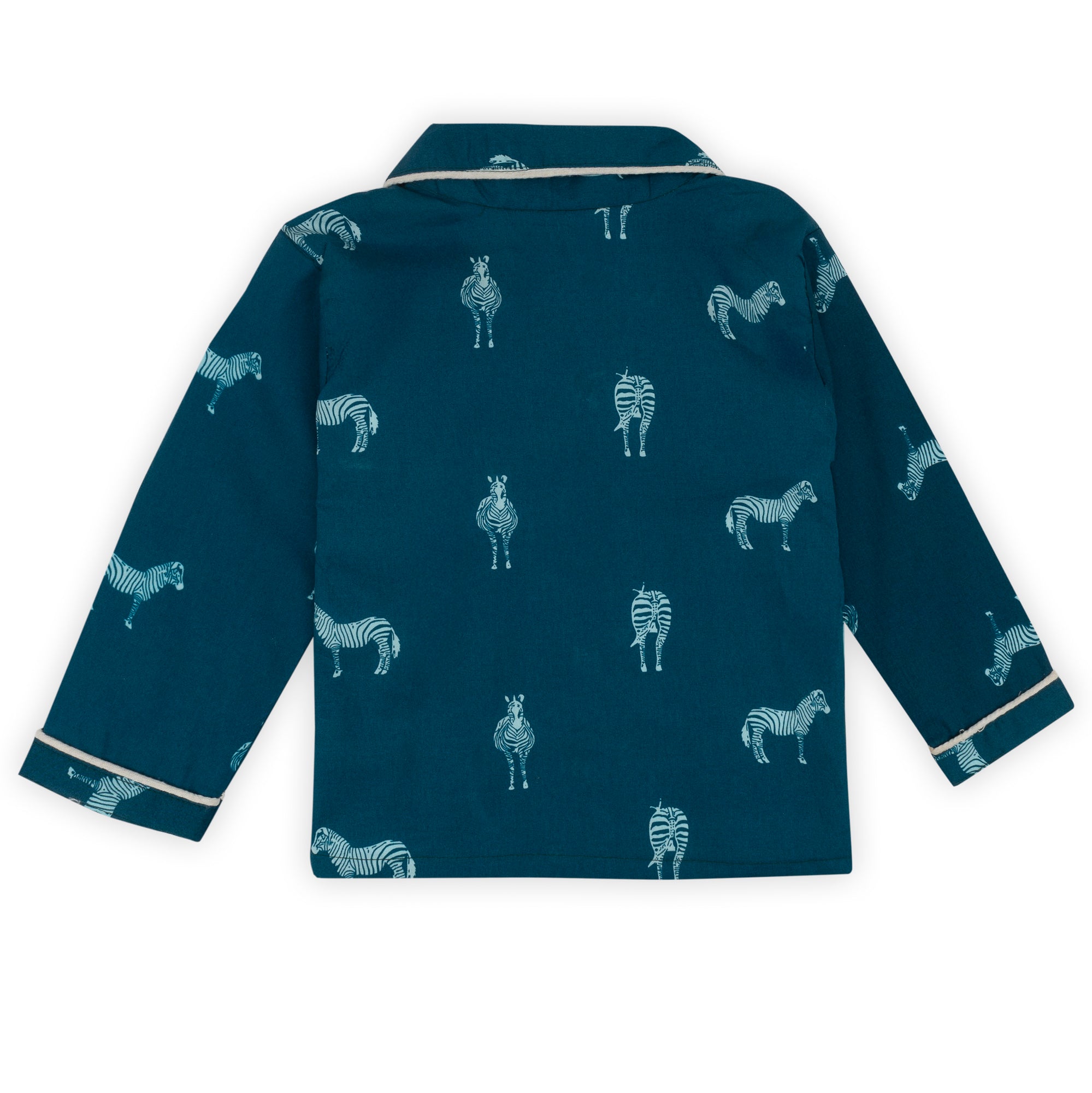 Navy blue shirt with zebra pattern on a white background