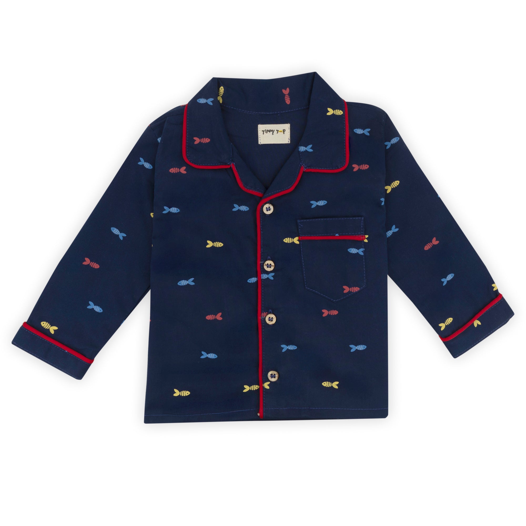 Navy pajama set with fish pattern on a white background