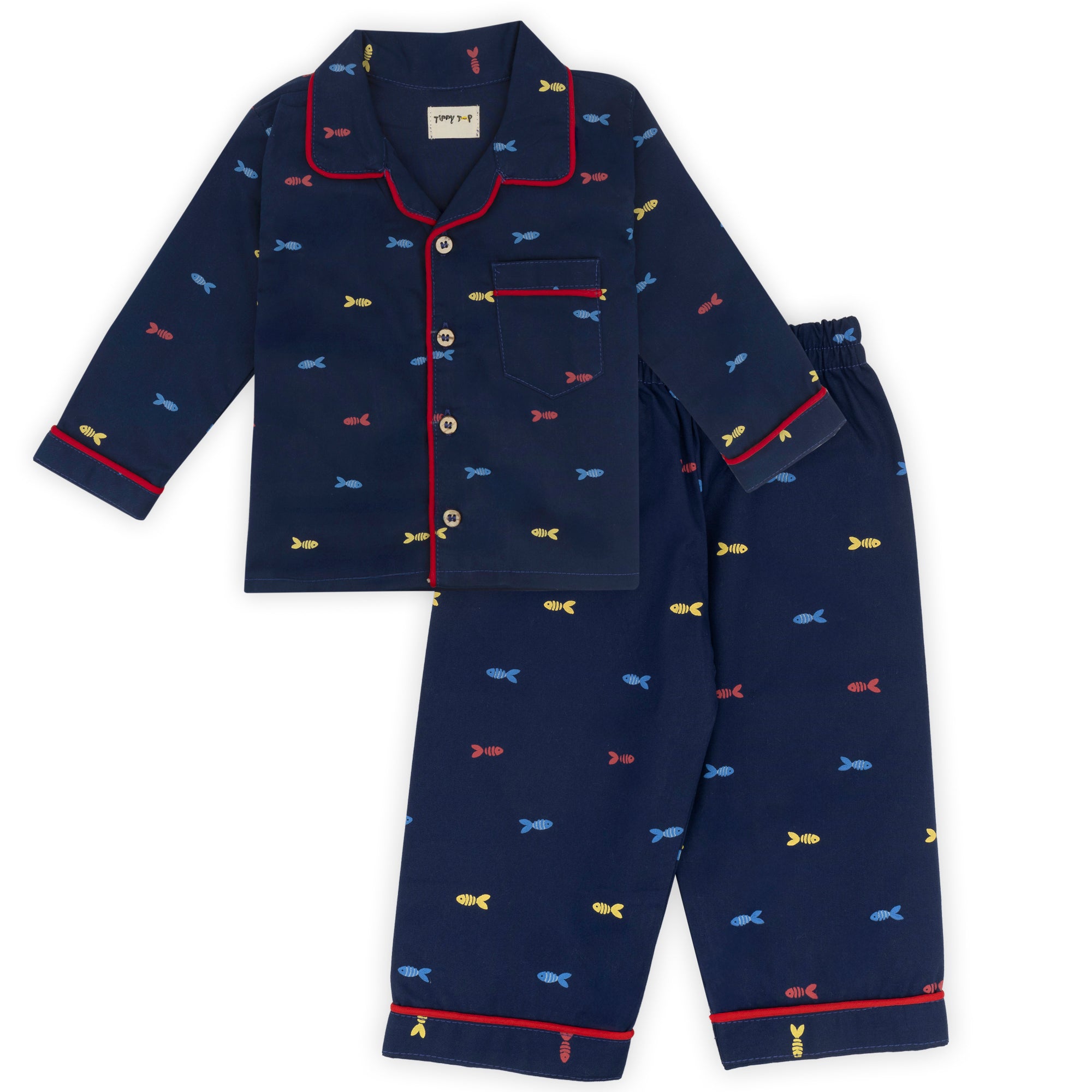 Navy pajama set with colorful fish pattern on a white background