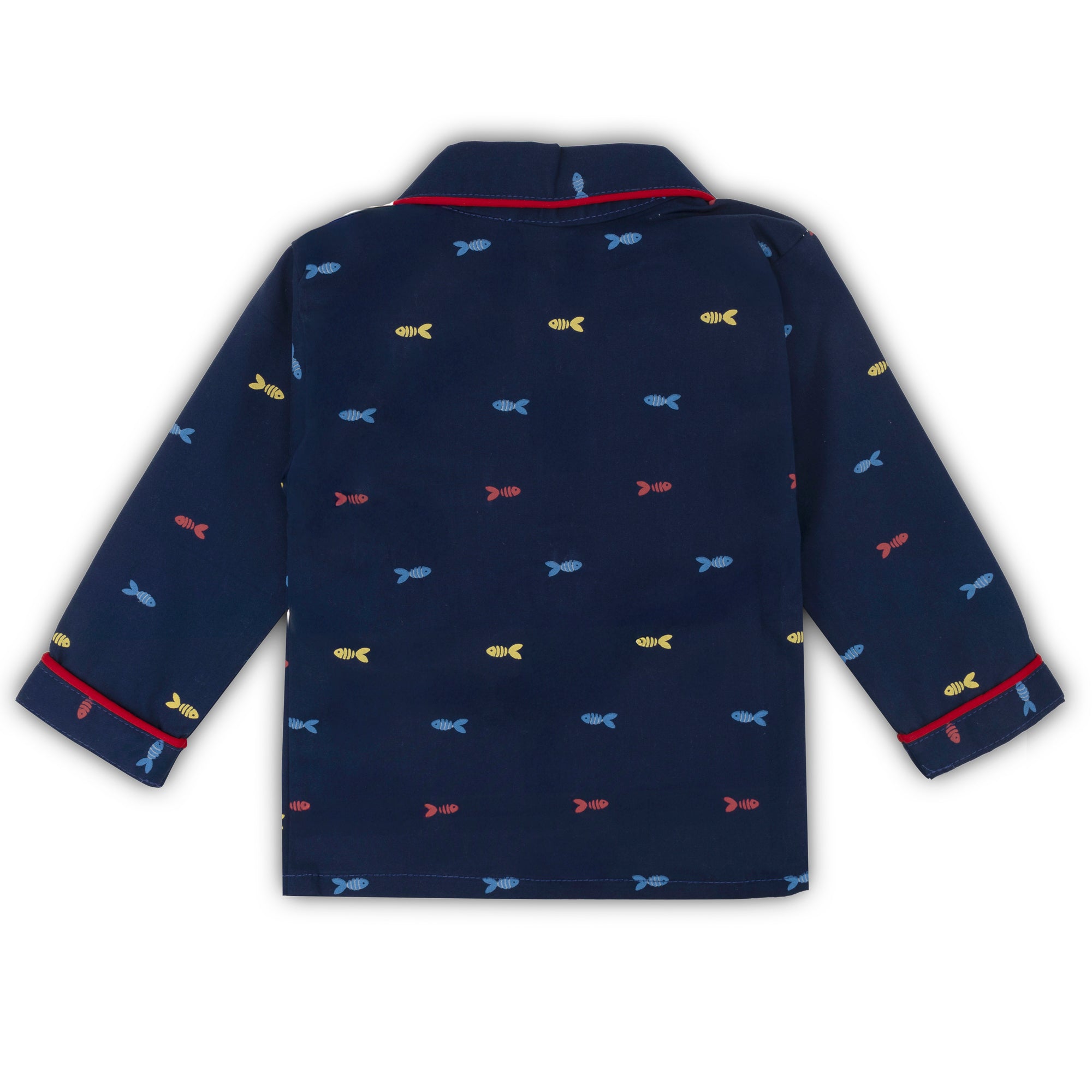Navy blue shirt with colorful fish pattern on a white background