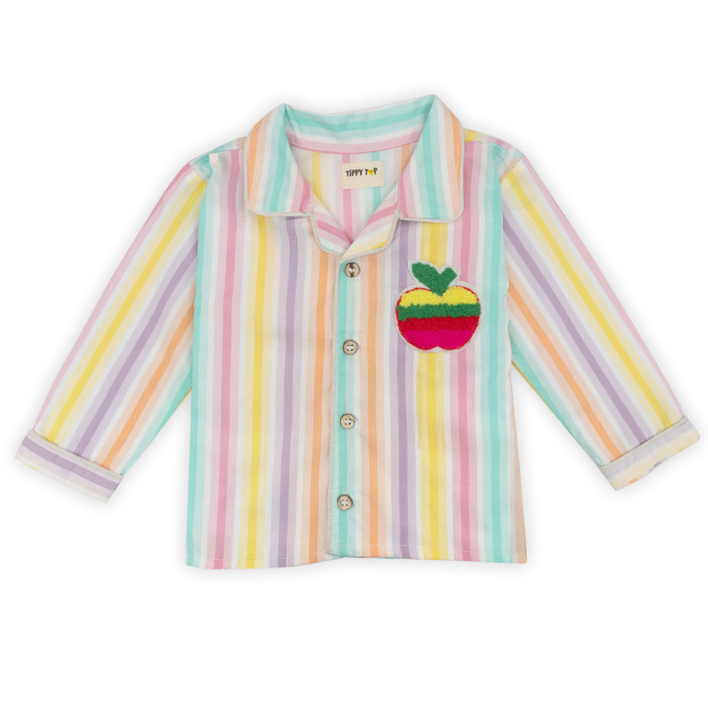 Pastel striped shirt with an embroidered apple on a white background