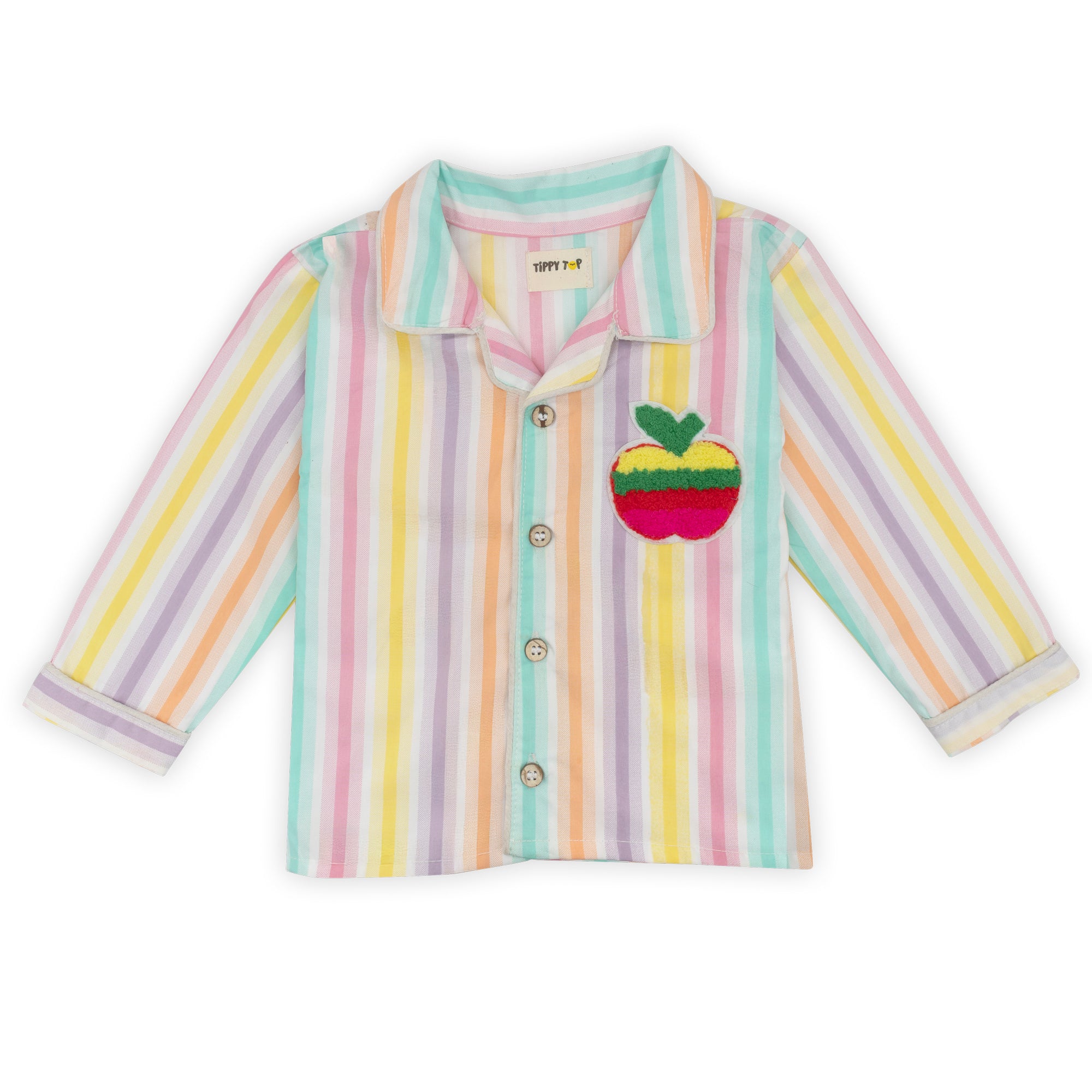 Pastel striped shirt with an embroidered apple on a white background