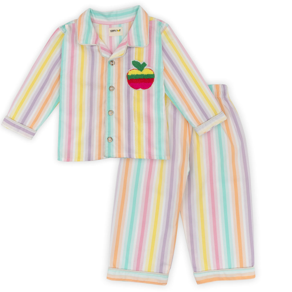 Children's pajama set with colorful stripes and a rainbow apple design on a white background