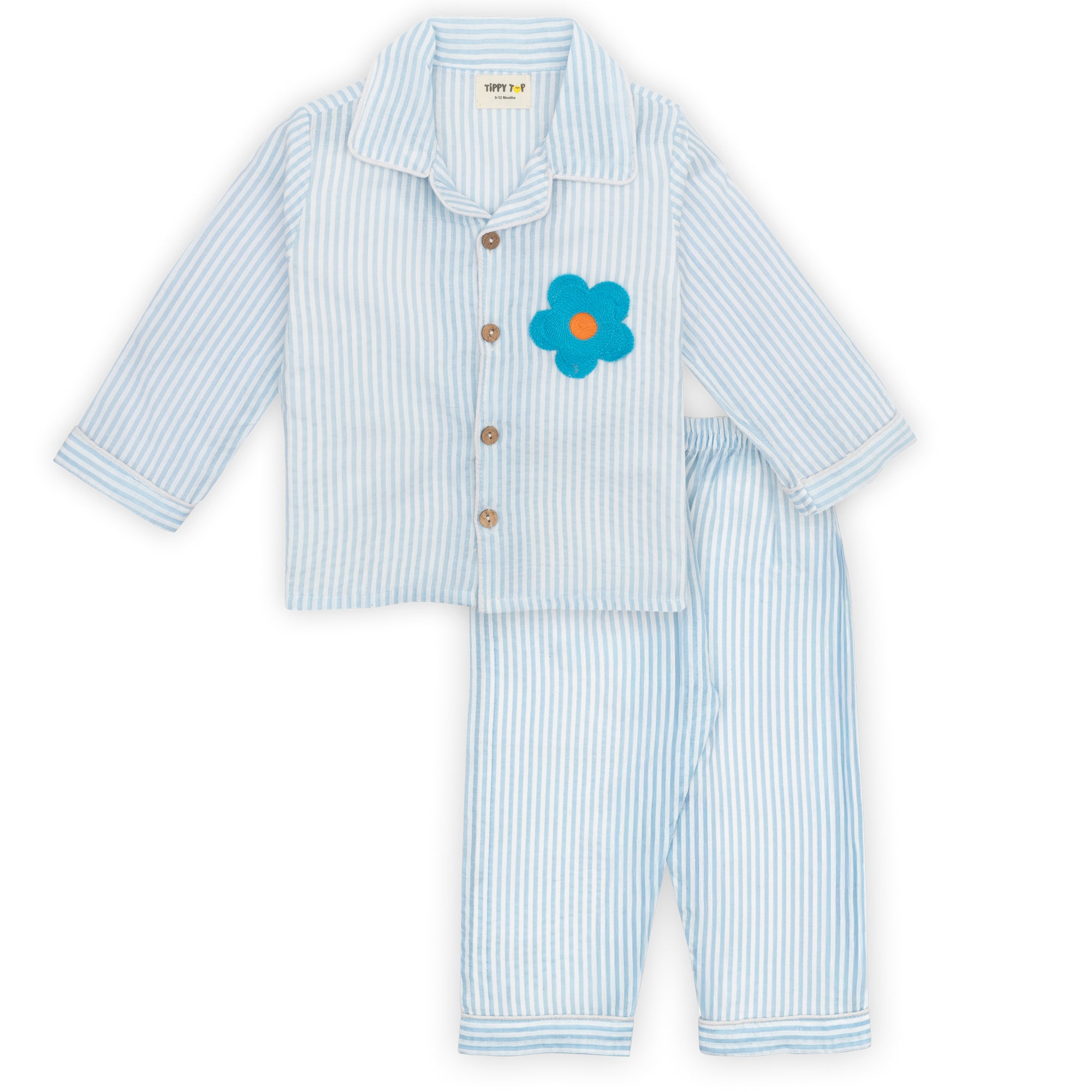 Children's light blue striped pajama set with a flower design on a white background