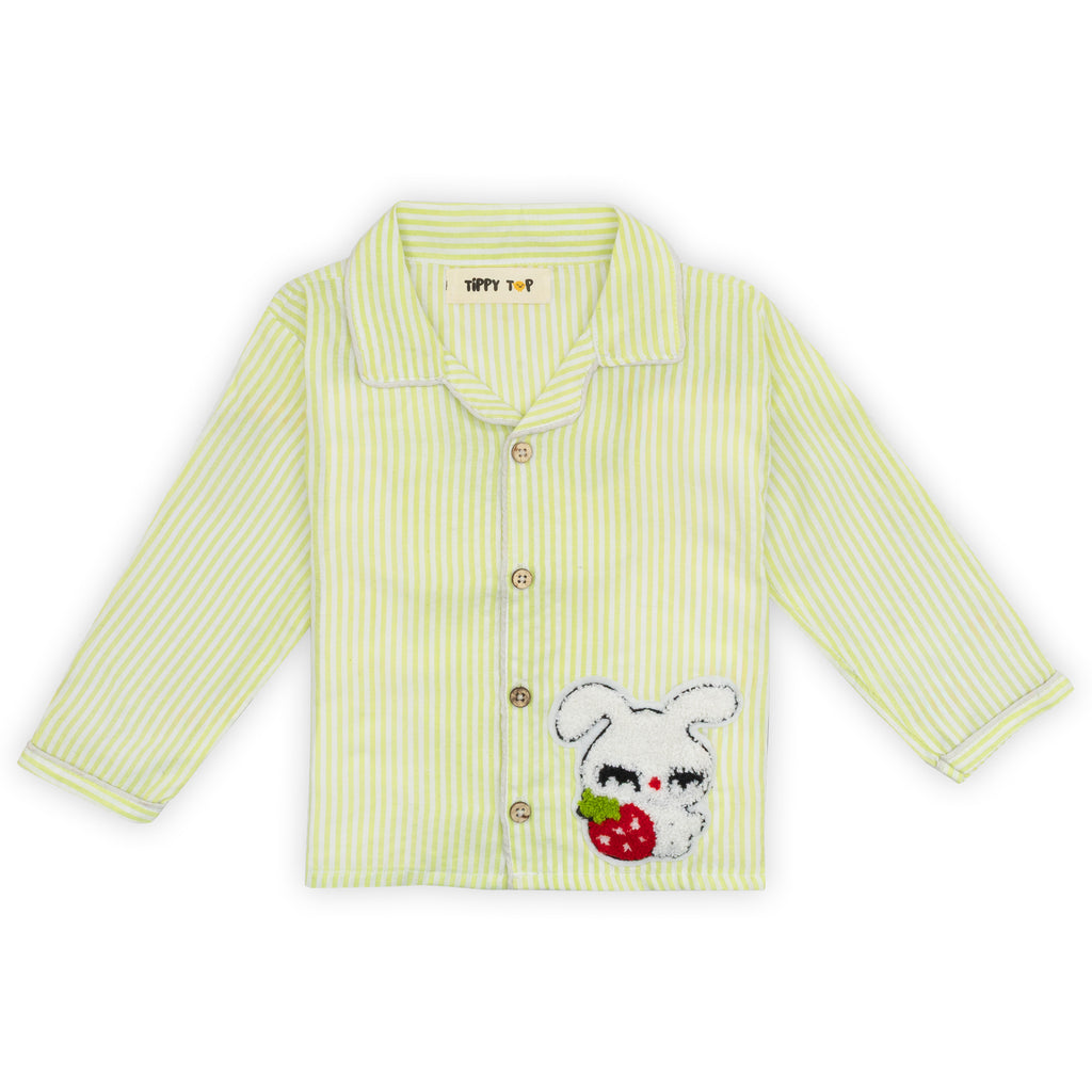 Green striped baby shirt with a teddy bear design on a white background