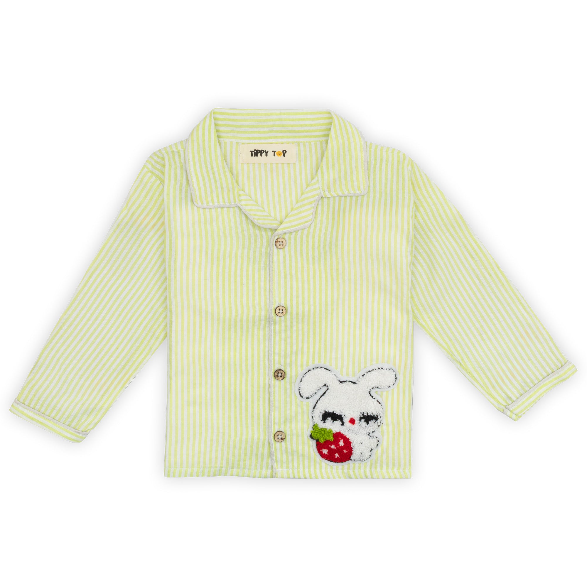 Green striped baby shirt with a teddy bear design on a white background