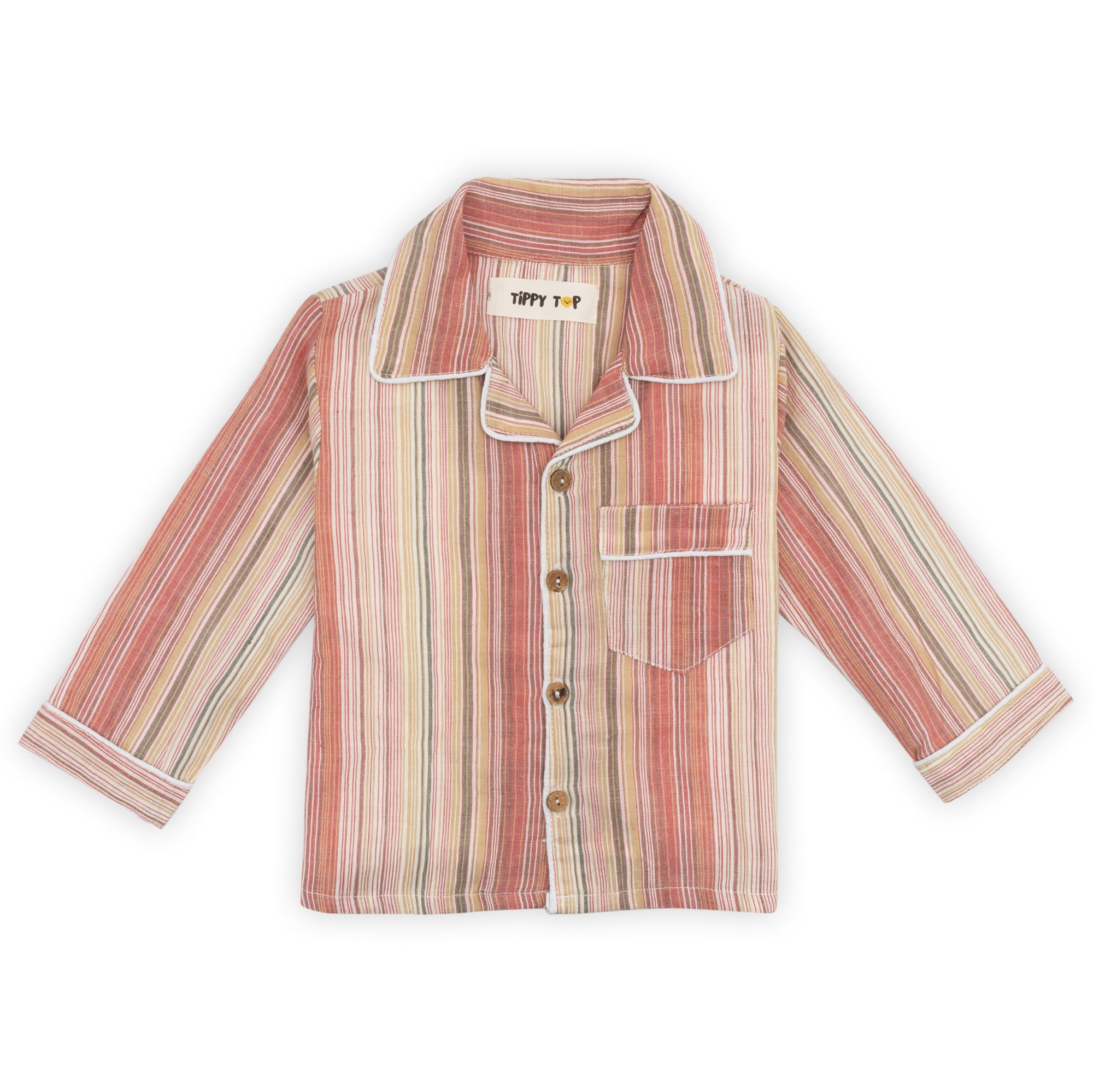 Striped children's shirt with a brand label on a white background