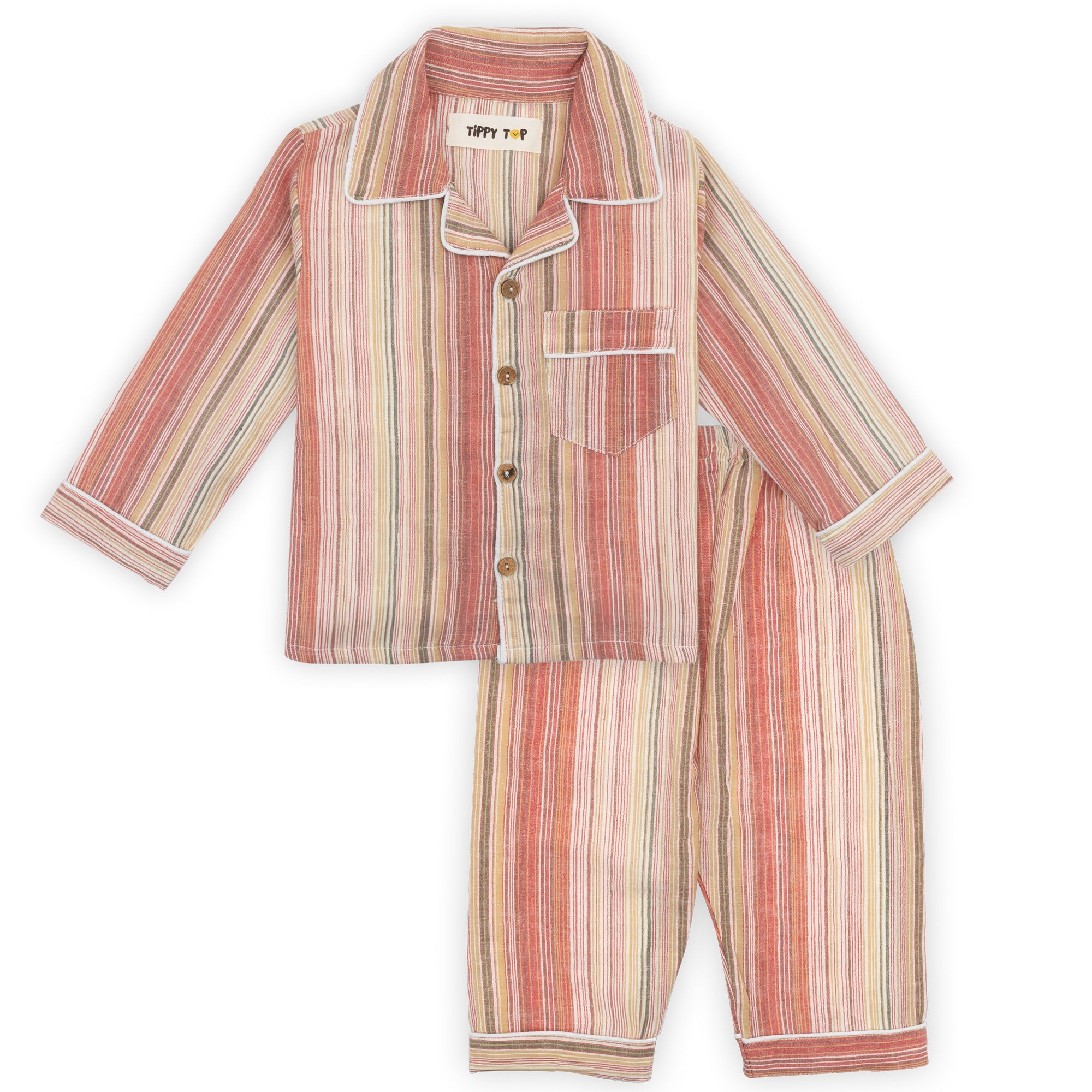 Striped pajama set with a shirt and pants on a white background