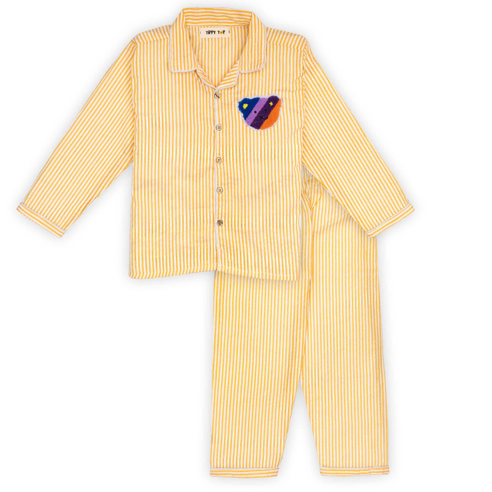 Yellow striped pajama set with a colorful heart patch on the chest against a white background
