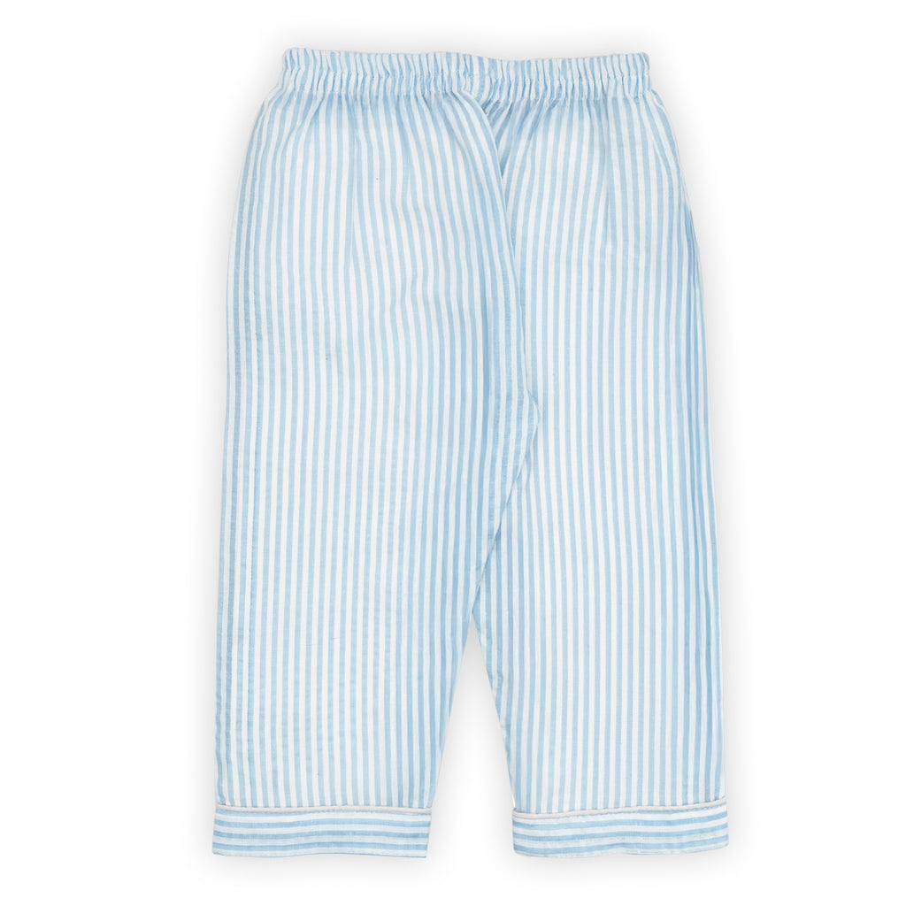 Light blue and white striped shorts on a white background