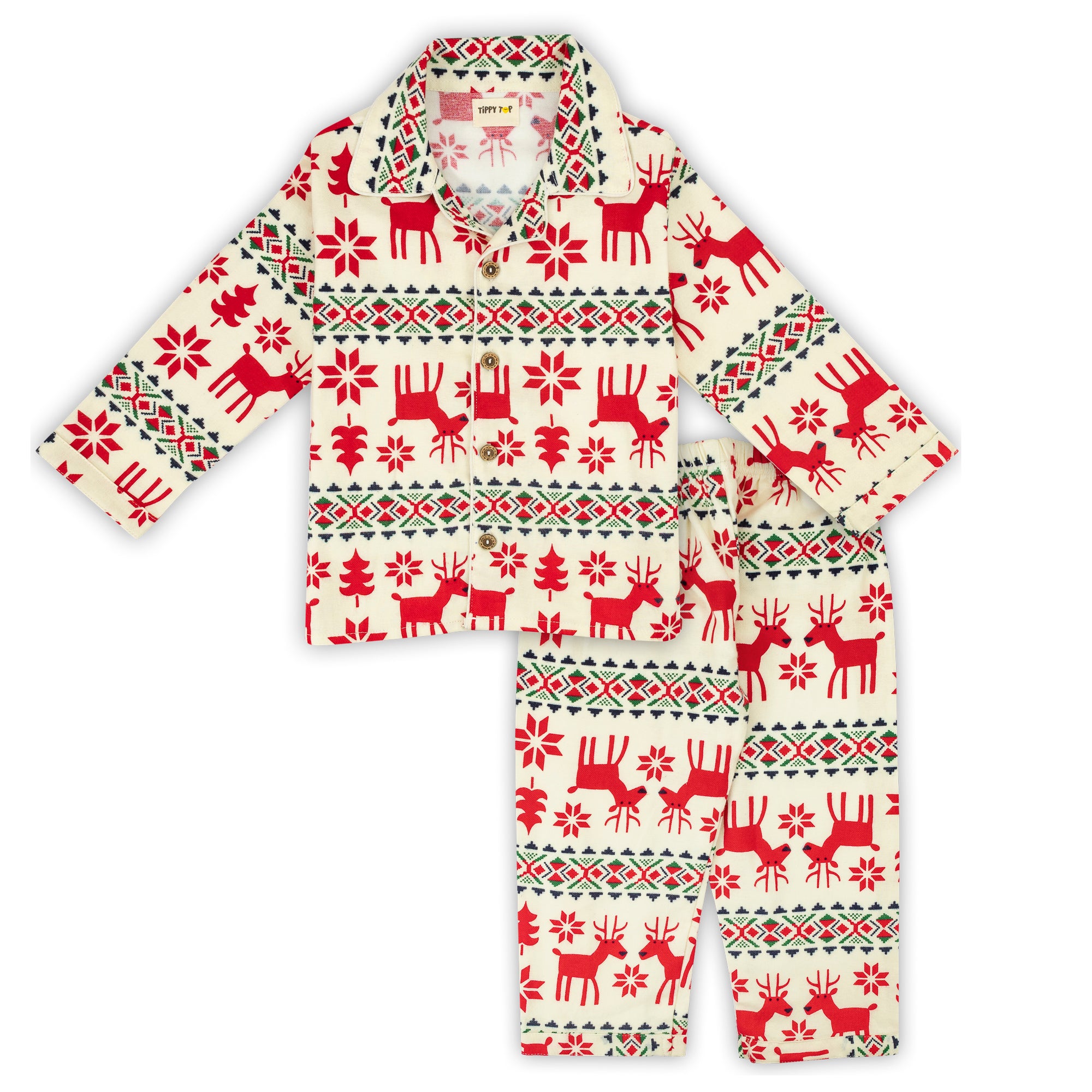 Winter Pajama Set – Red & Cream Christmas Reindeer Nightsuit