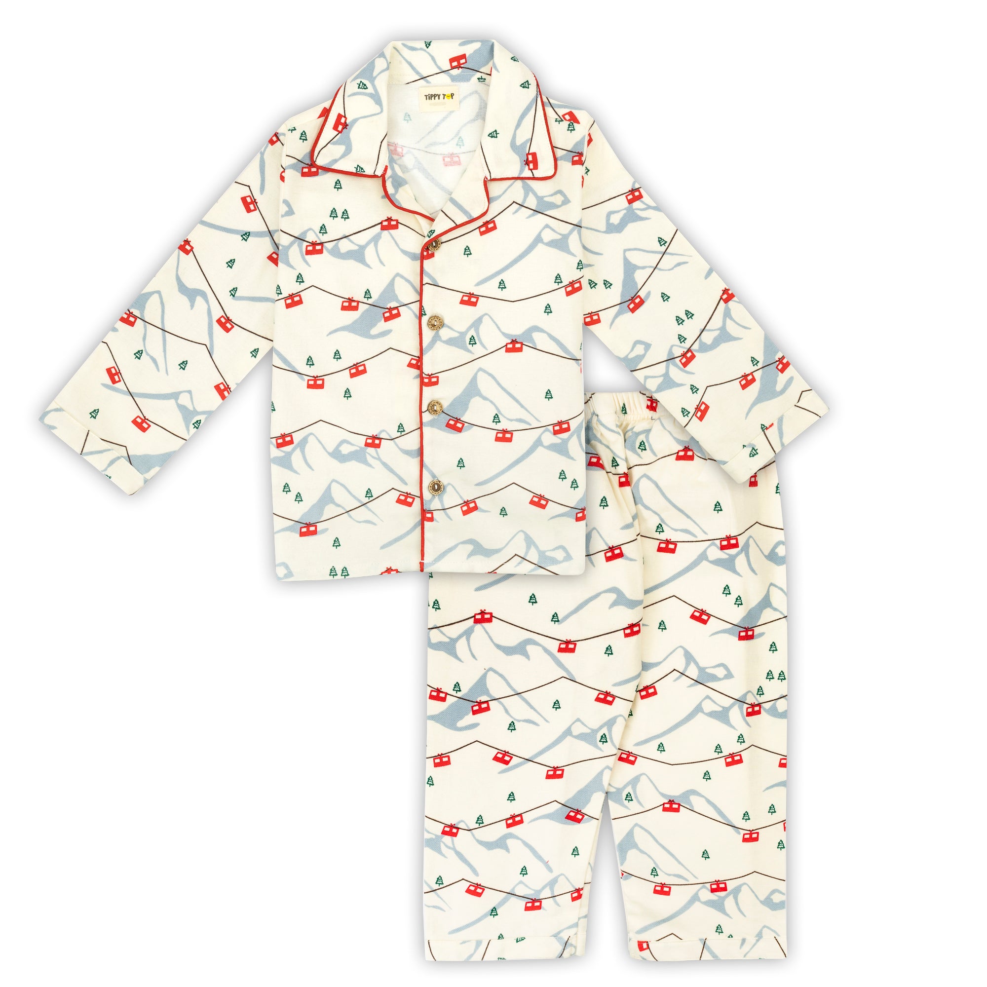 Winter Pajama Set – Cream Bird & Branch Print Nightsuit
