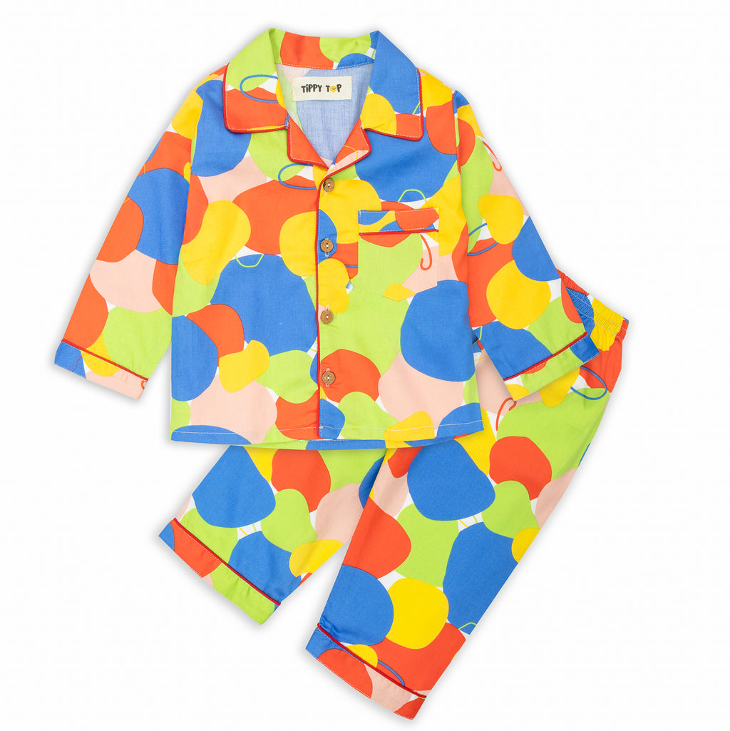 White Cotton Multicolor Circles Printed Nightsuit Set