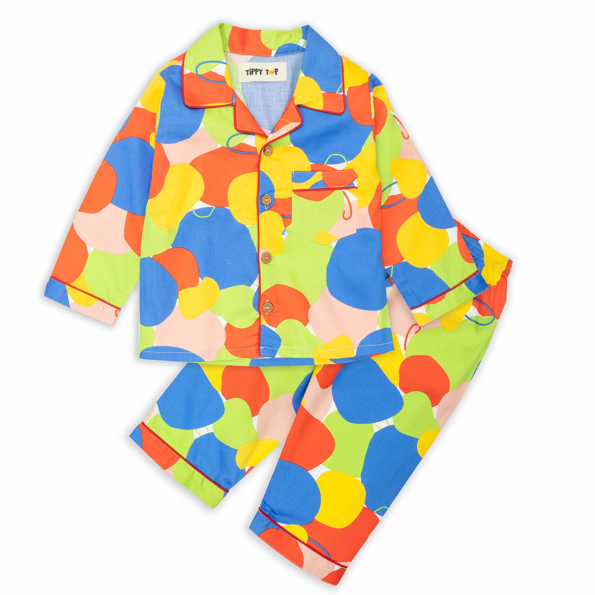 White Cotton Multicolor Circles Printed Nightsuit Set