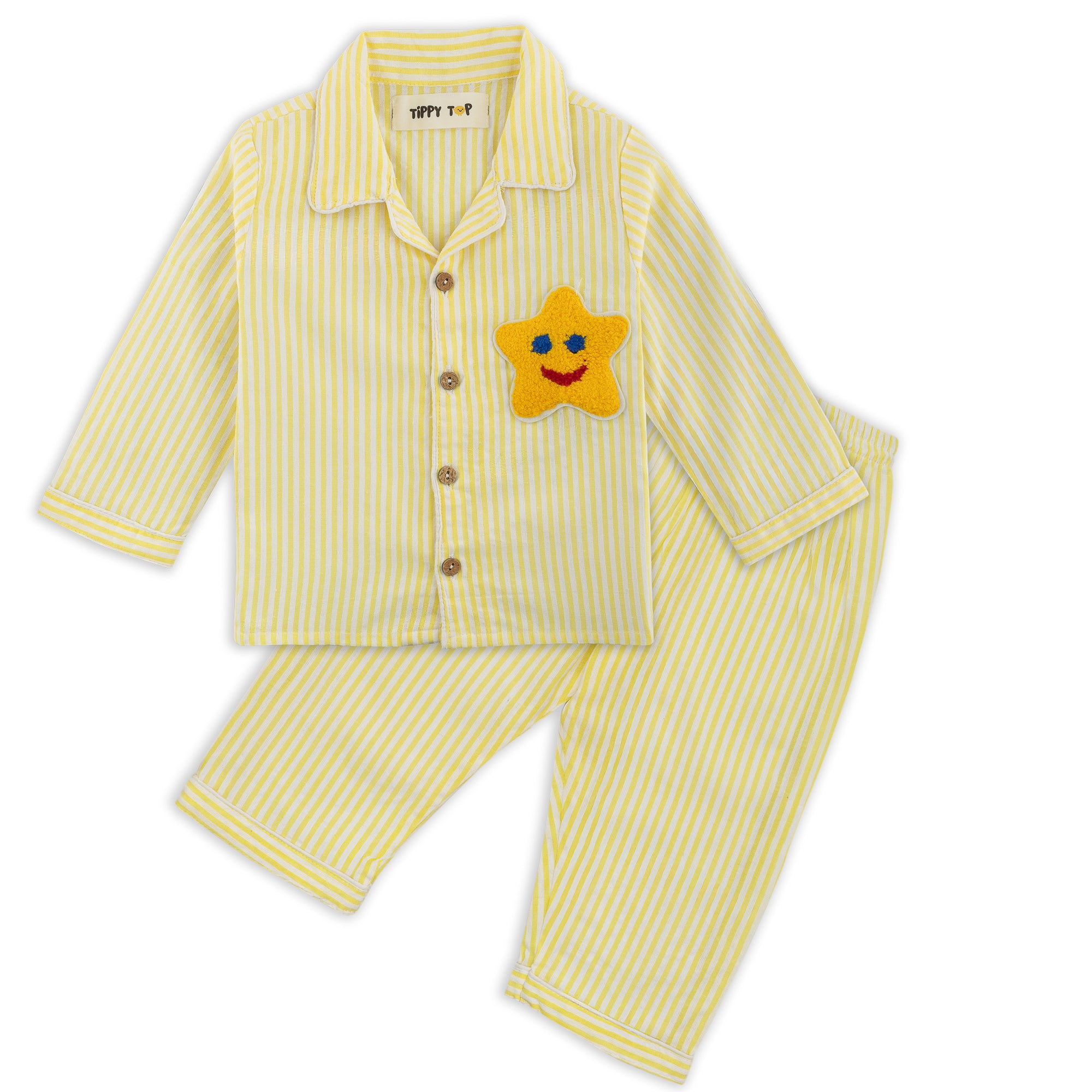 Kids Cotton Pajama Set – Striped Nightsuit with Star Patch