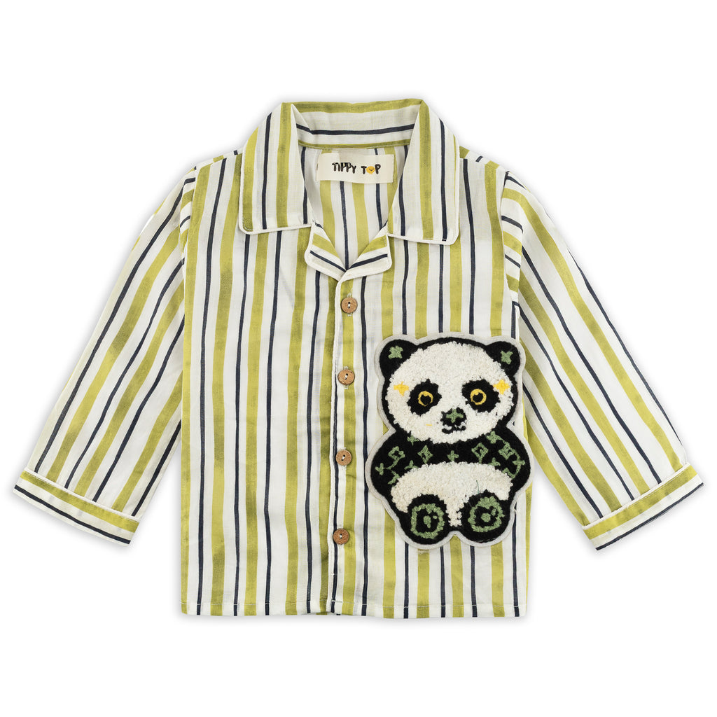 Cotton Pajama Set – Striped Nightsuit with Panda Patch
