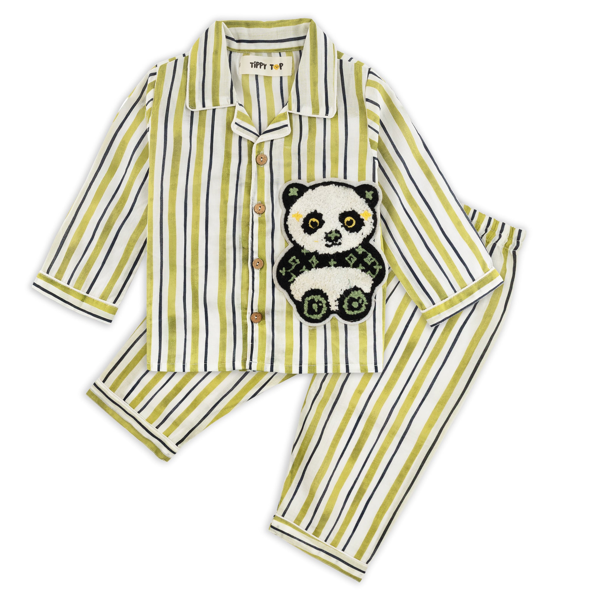 Cotton Pajama Set – Striped Nightsuit with Panda Patch