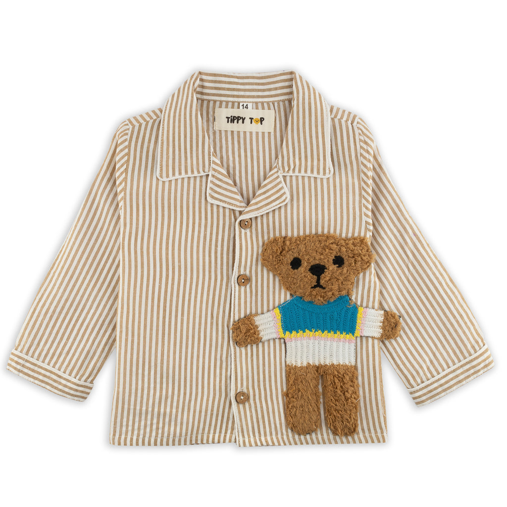 Beige Cotton Striped Teddy Patch Nightsuit Set