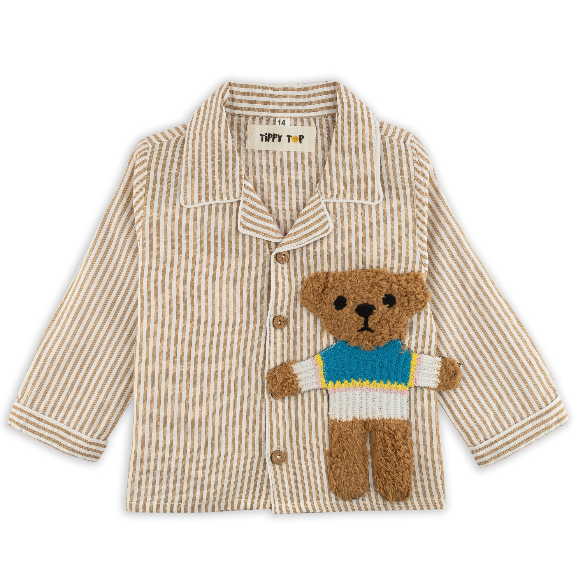 Beige Cotton Striped Teddy Patch Nightsuit Set