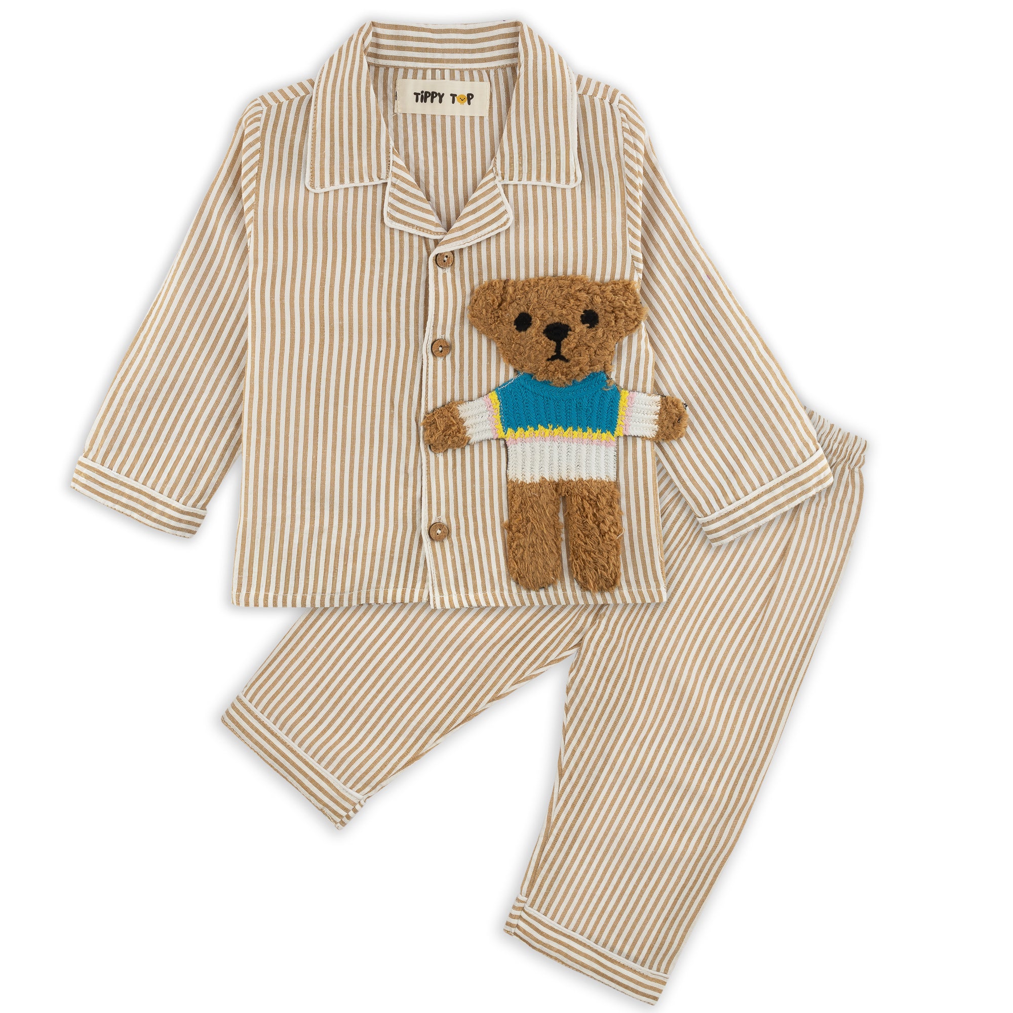 Beige Cotton Striped Teddy Patch Nightsuit Set