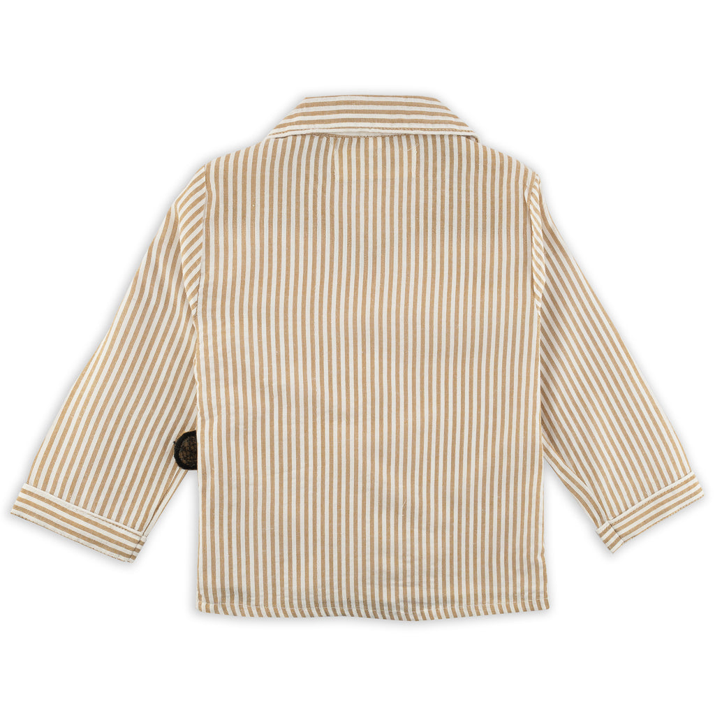 Beige Cotton Striped Teddy Patch Nightsuit Set