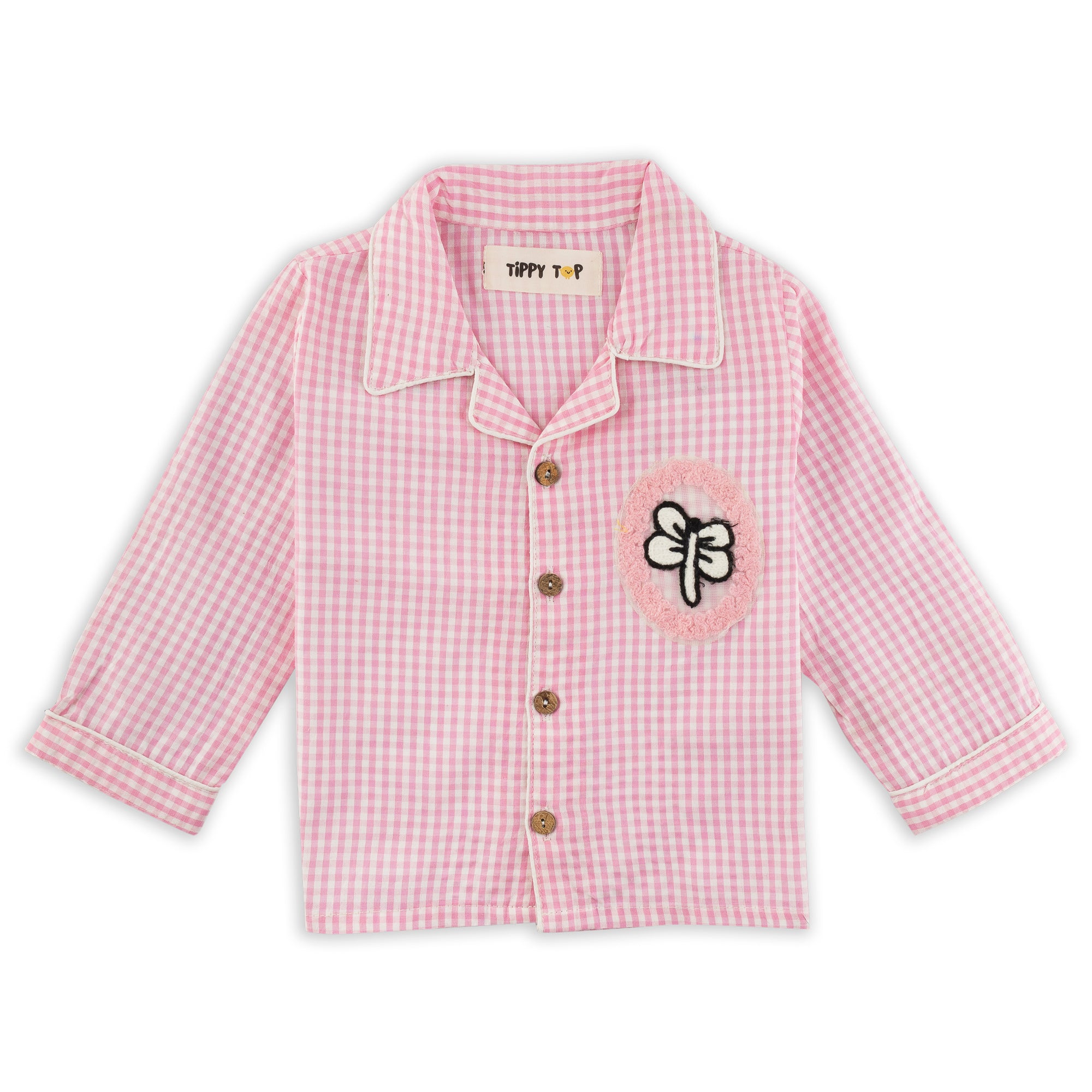 Pink Butterfly Checked Cotton PJ Set – Full‑Sleeved Nightsuit for Little Dreamers