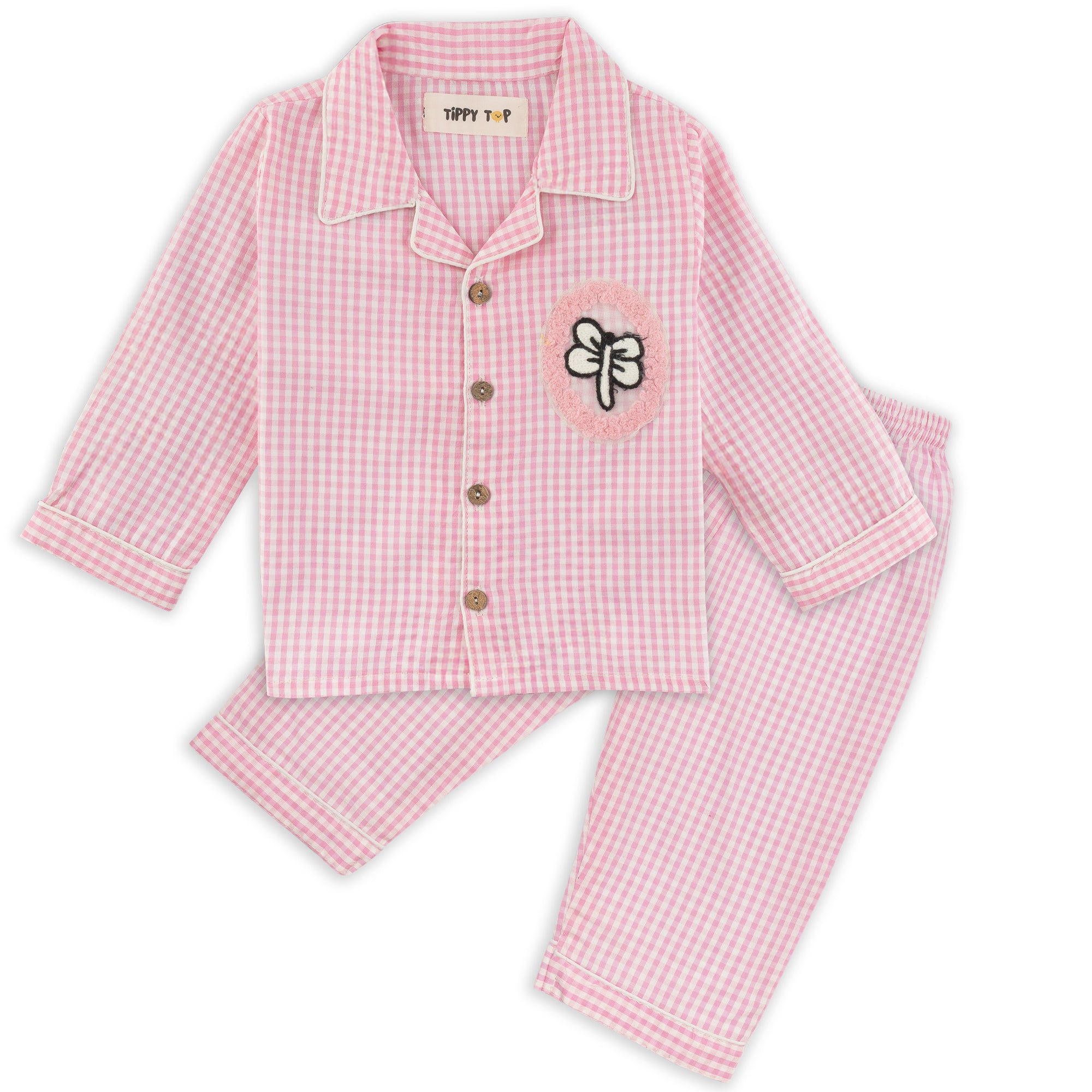 Pink Butterfly Checked Cotton PJ Set – Full‑Sleeved Nightsuit for Little Dreamers