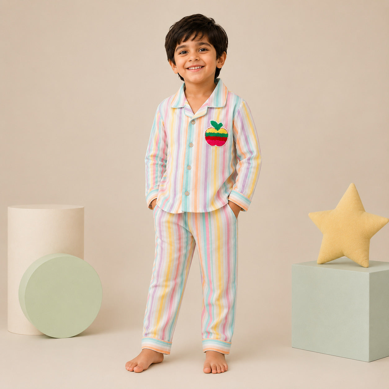 Cotton Pajama Set – Pastel Multicolor Striped Nightsuit