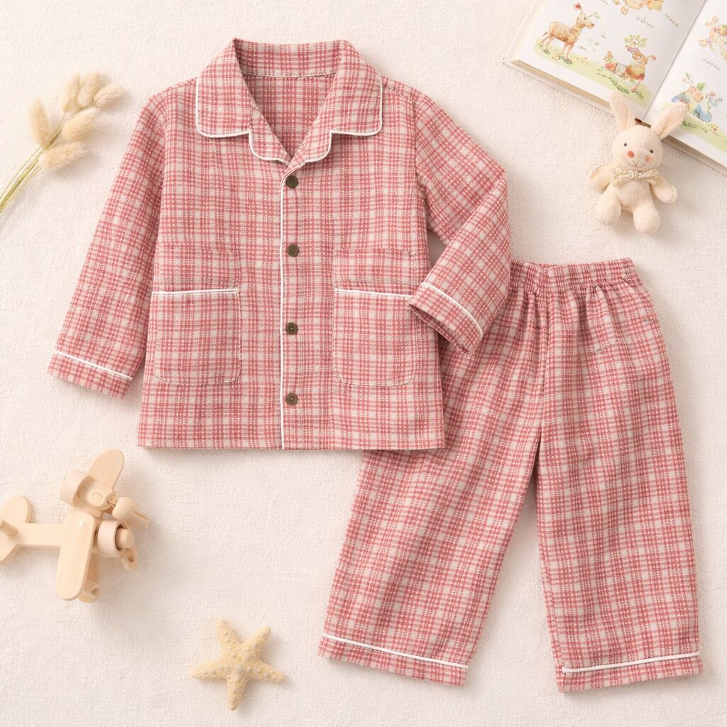 Peach Check Cotton Night Suit – Soft Full Sleeve Sleepwear Set
