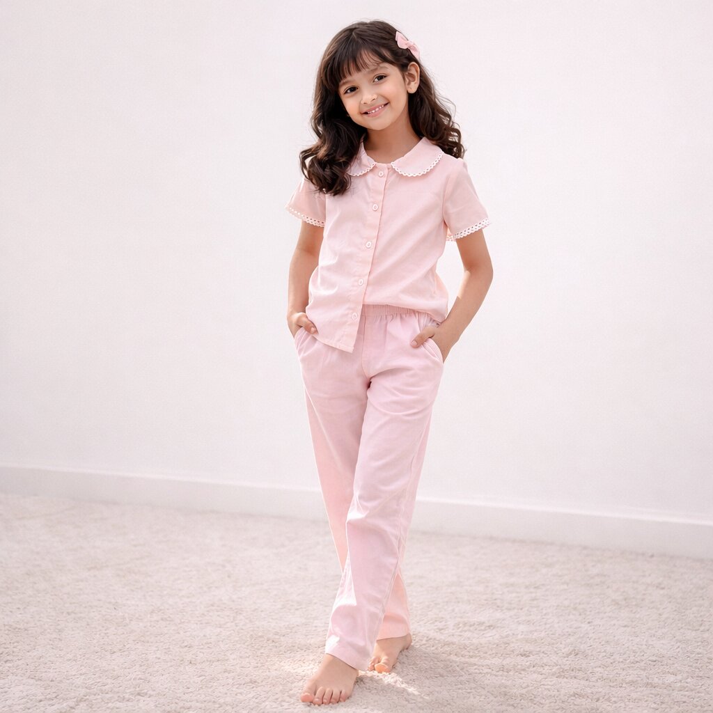 Peach Cotton Co-ord Set with Lace Collar – Shirt & Pants Daywear Outfit