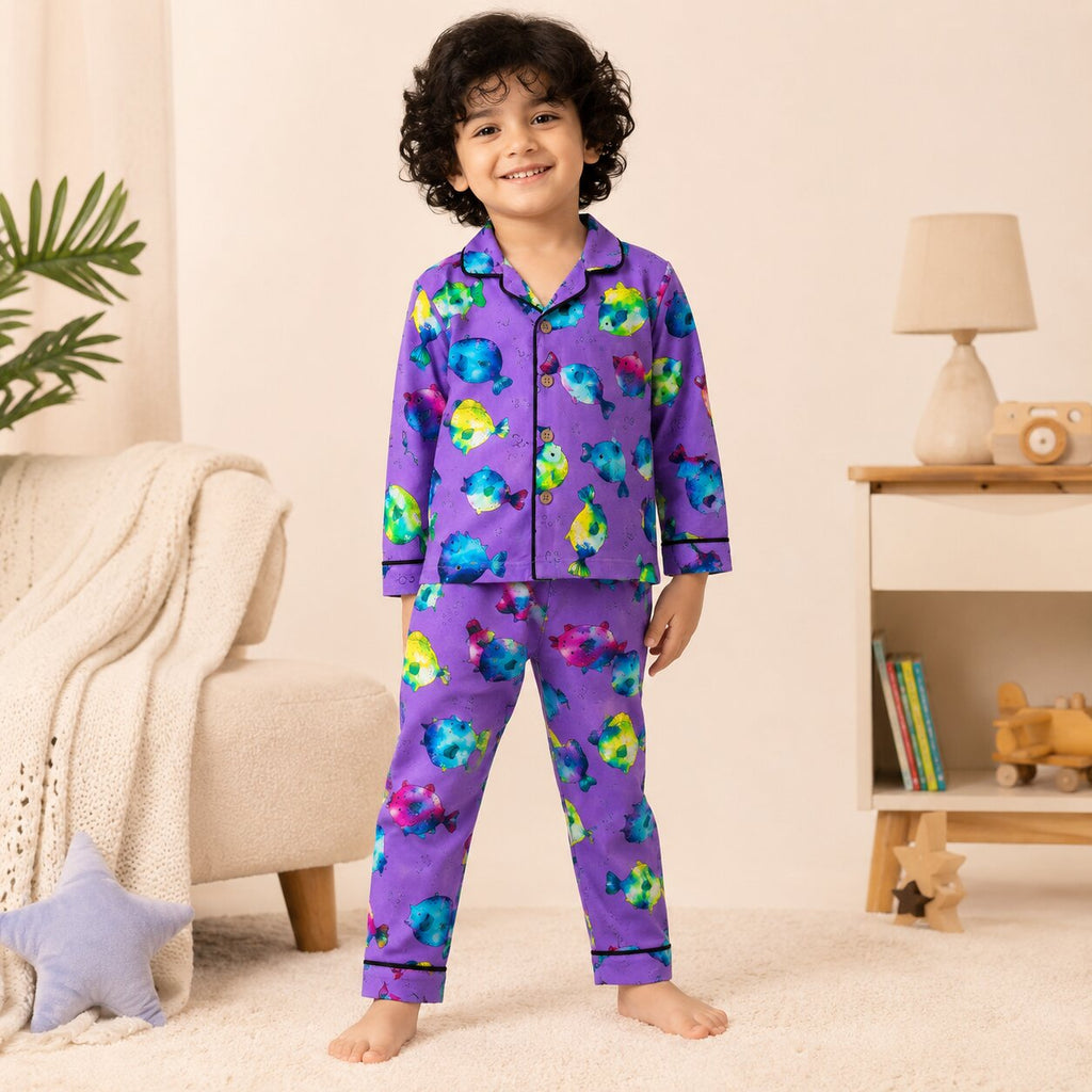Kids Purple Cotton Puffer Fish Printed Night Suit Set | Full Sleeves |