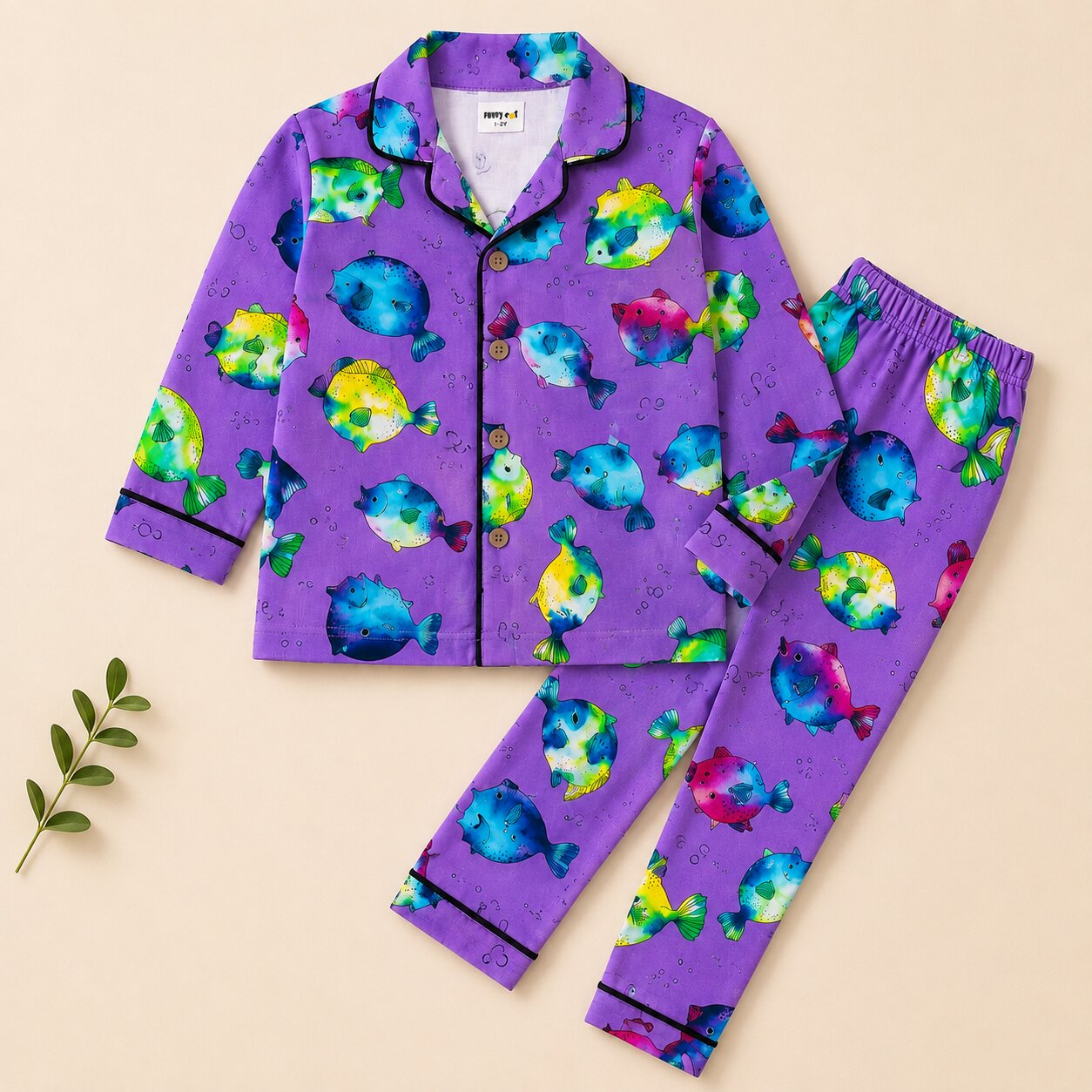 Kids Purple Cotton Puffer Fish Printed Night Suit Set | Full Sleeves |