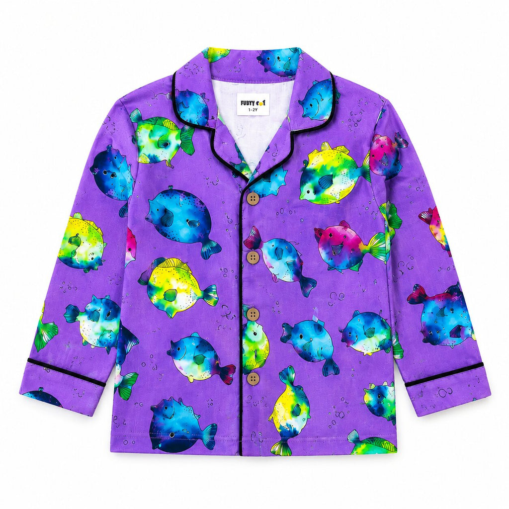 Kids Purple Cotton Puffer Fish Printed Night Suit Set | Full Sleeves |